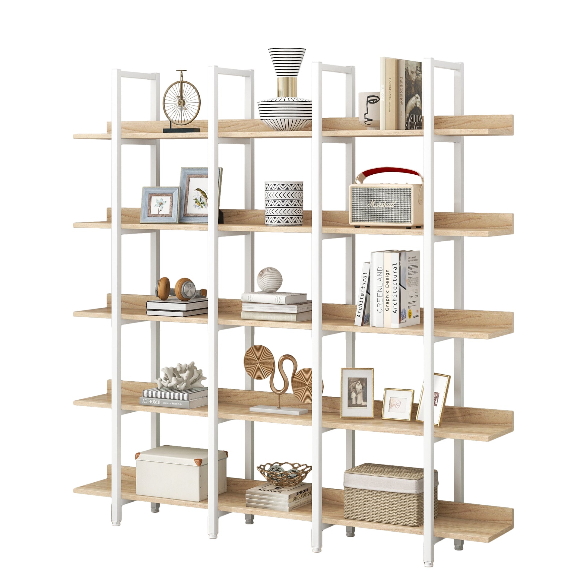 5 Tier Bookcase Home Office Open Bookshelf, Vintage Industrial Style Shelf, Mdf Board, White Metal Frame, Oak White Oak Mdf Steel