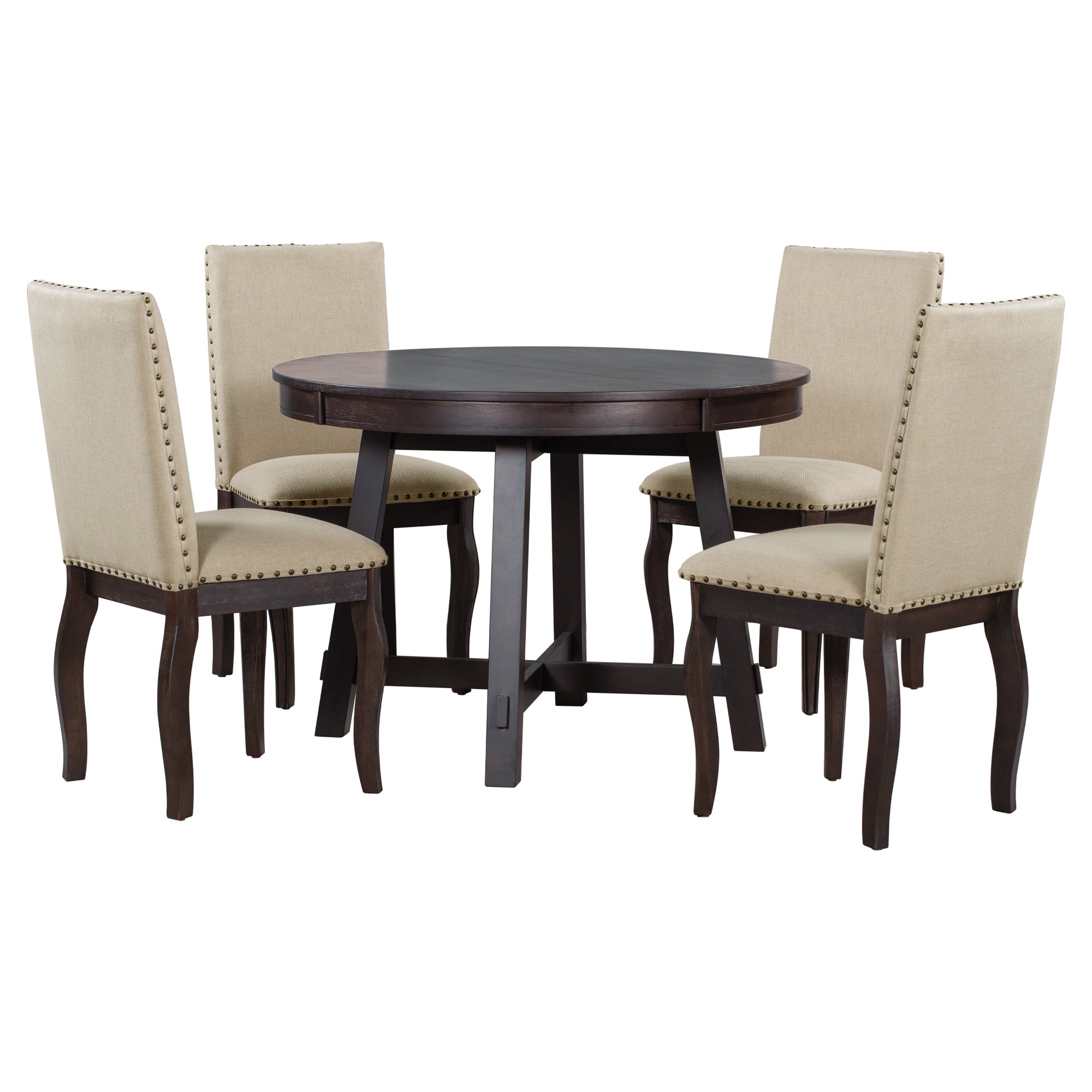 5 Piece Farmhouse Dining Table Set Wood Round Extendable Dining Table And 4 Upholstered Dining Chairs Espresso Espresso Solid Wood