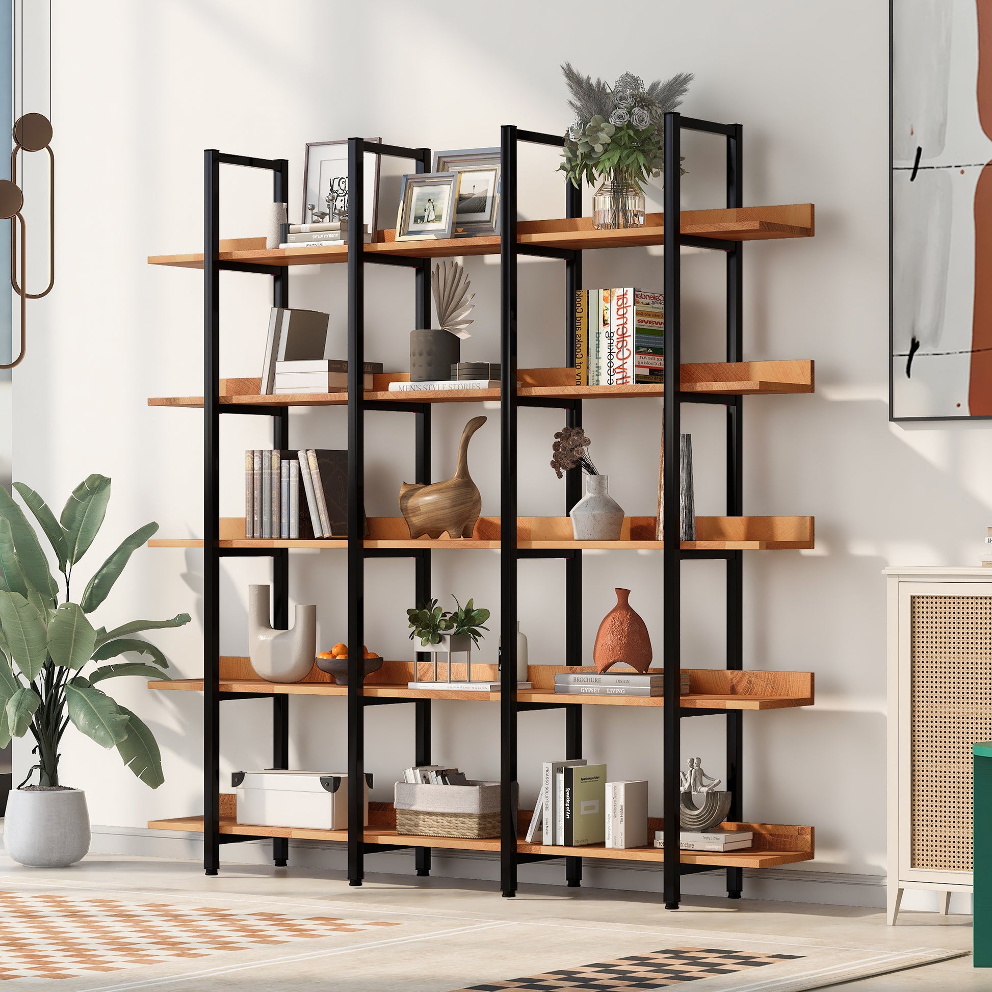 5 Tier Bookcase Home Office Open Bookshelf, Vintage Industrial Style Shelf, Mdf Board, Black Metal Frame, Brown Black Brown Mdf Steel