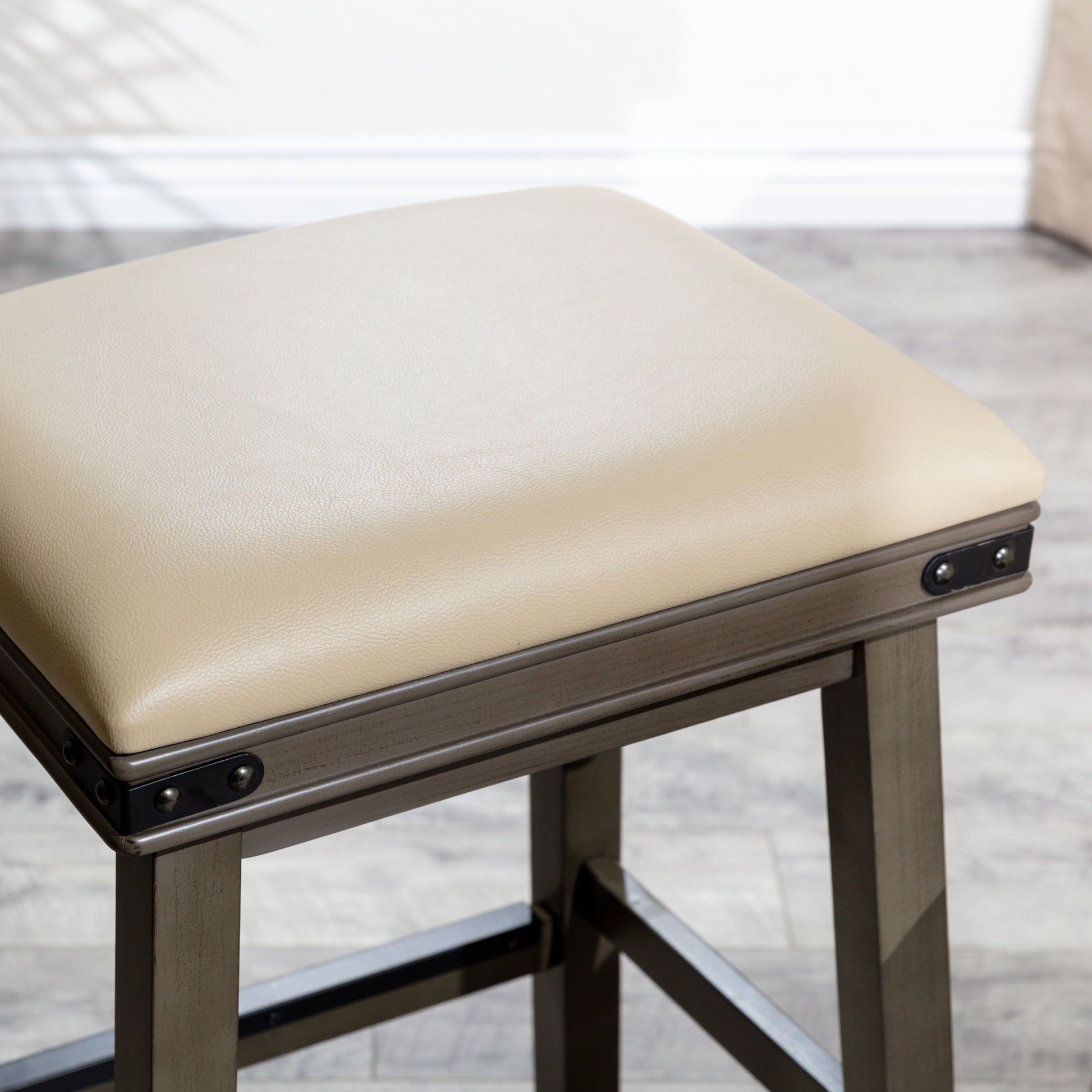 24" Counter Stool, Antique White Finish, Black Leather Seat Antique White Bonded Leather