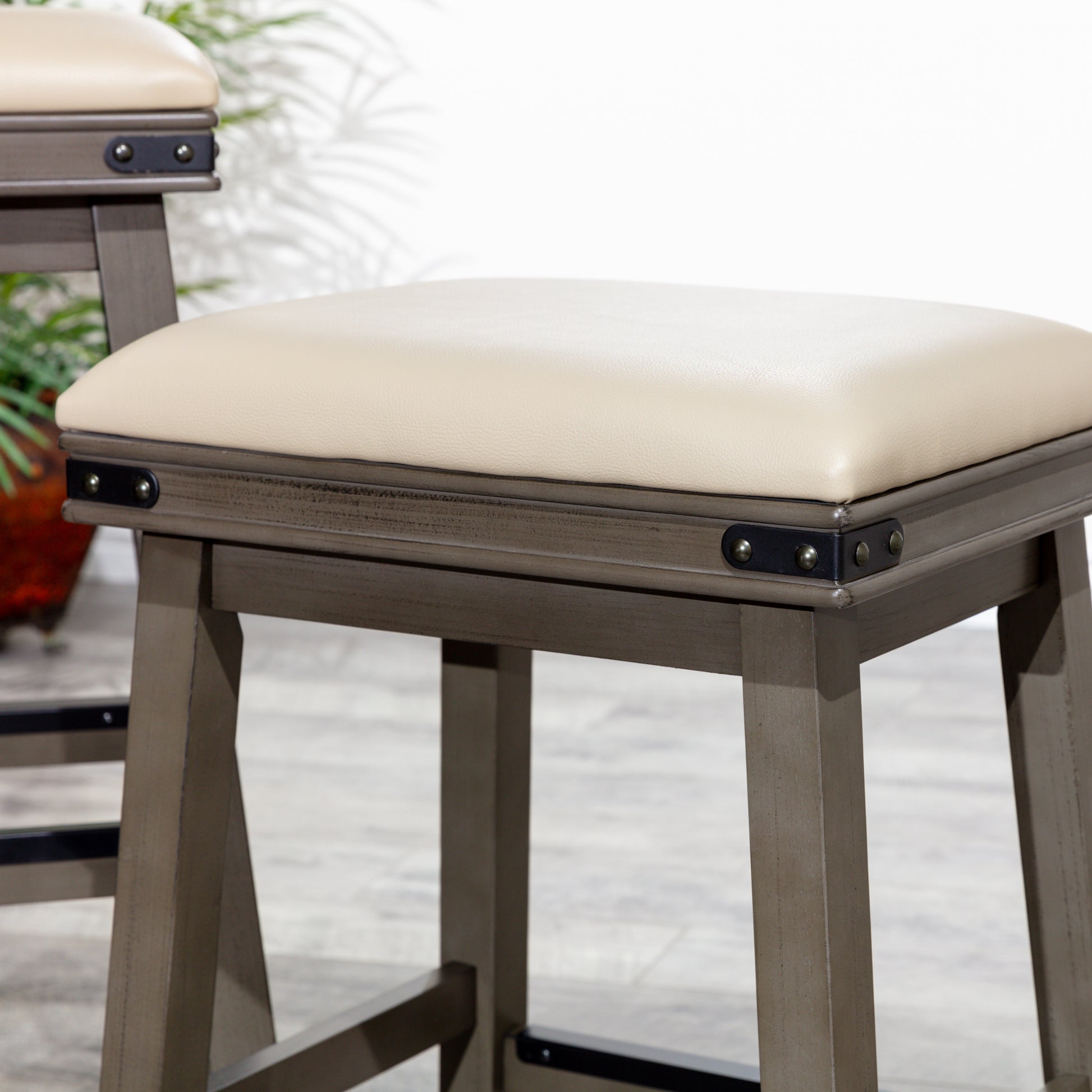 24" Counter Stool, Antique White Finish, Black Leather Seat Antique White Bonded Leather