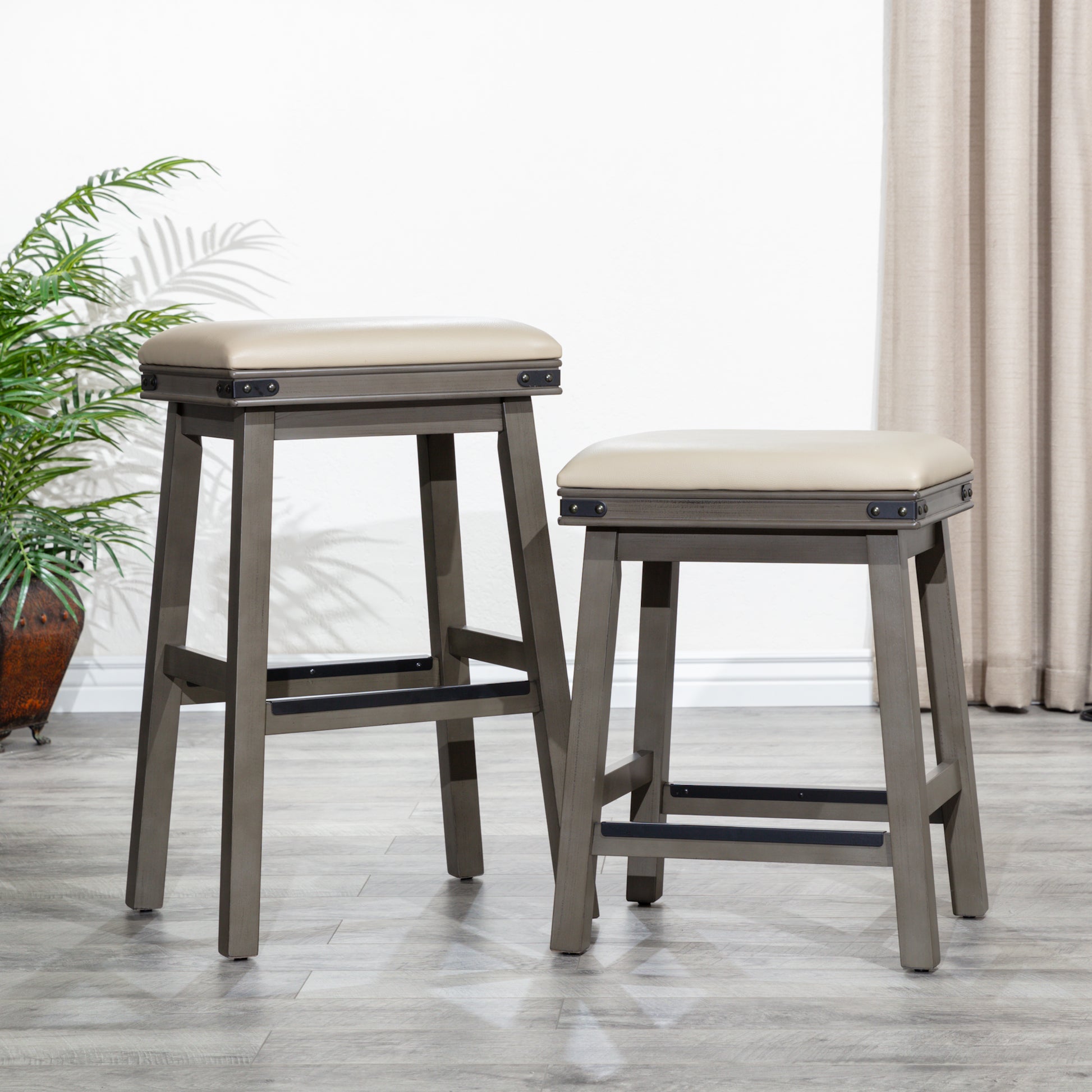 24" Counter Stool, Antique White Finish, Black Leather Seat Antique White Bonded Leather