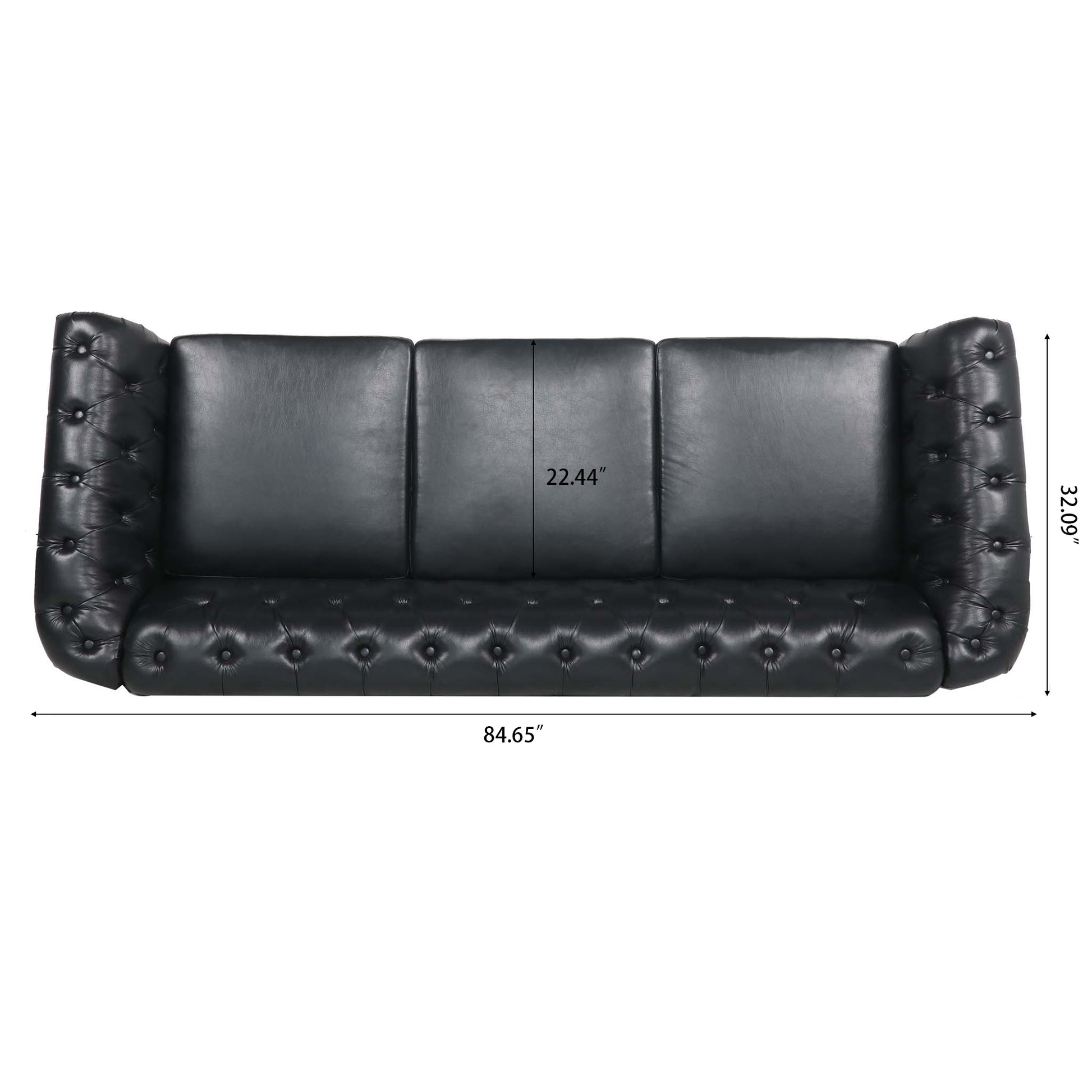 84.65" Black Pu Rolled Arm Chesterfield Three Seater Sofa. Black Foam Pu