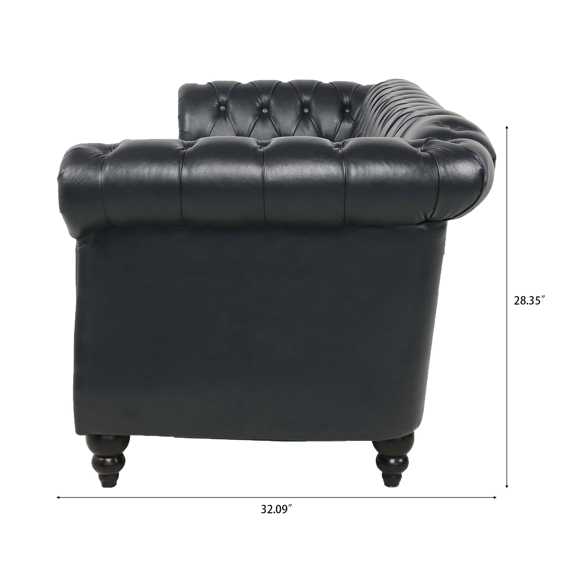 84.65" Black Pu Rolled Arm Chesterfield Three Seater Sofa. Black Foam Pu