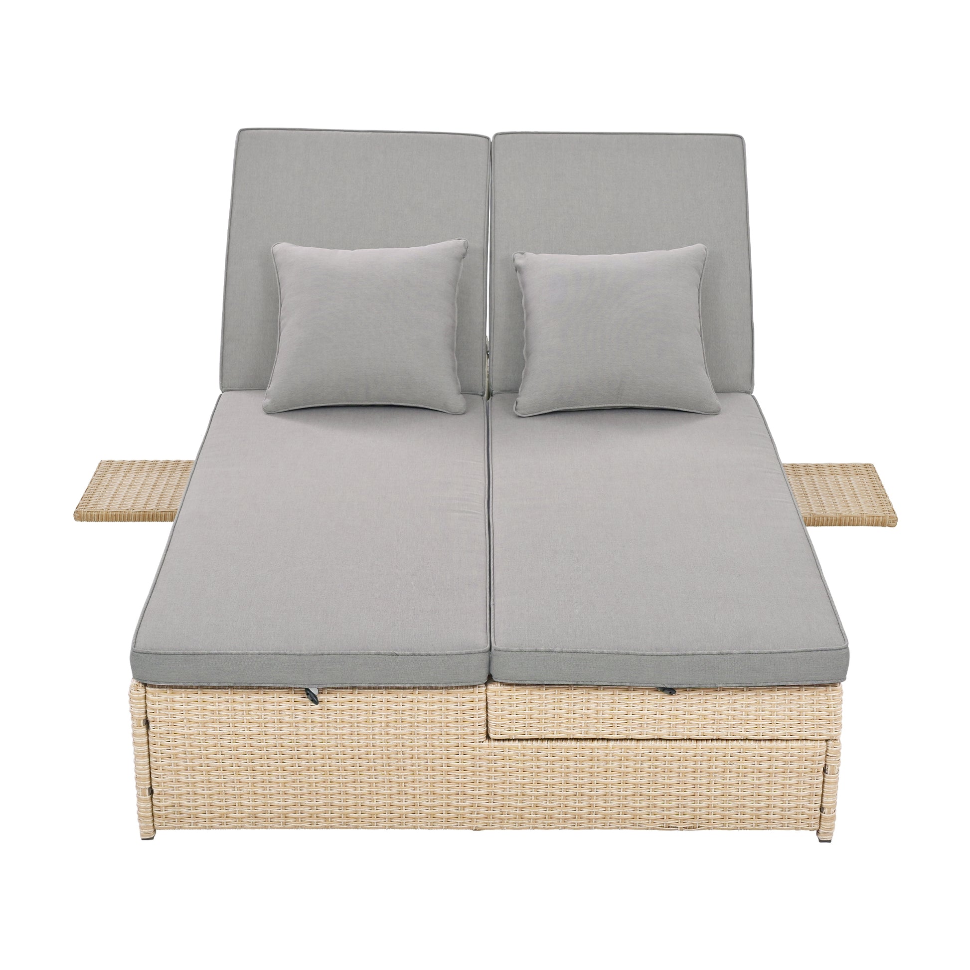 Outdoor Double Sunbed, Wicker Rattan Patio Reclining Chairs With Adjustable Backrest And Seat, Conversational Set For 2 Person, Brown Yes Complete Patio Set Brown Water Resistant Frame Water Resistant Cushion Garden & Outdoor Casual Complete Patio Sets