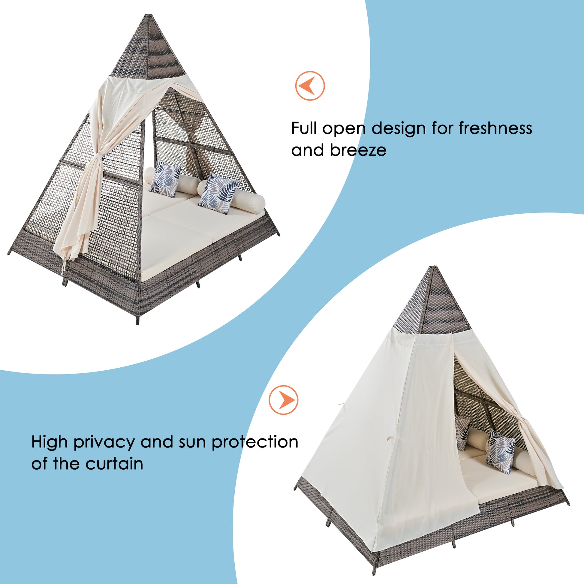 90.5" Length Outdoor Sunbed With Colorful Pillows, Wicker Patio Daybed With Cushions, Tent Shape, Brown And Beige Yes Beige Wicker