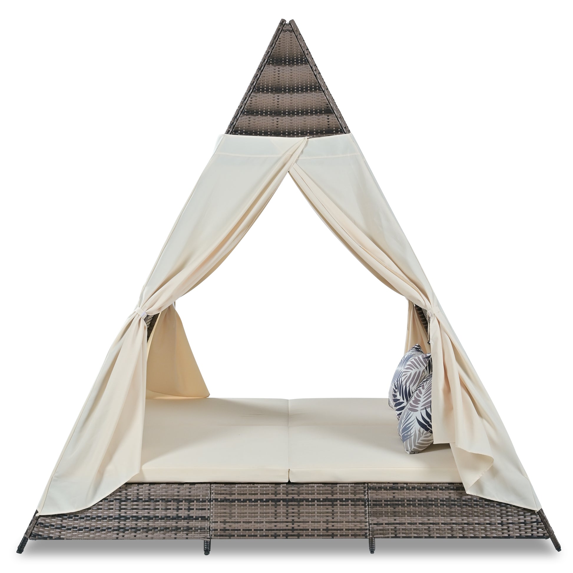90.5" Length Outdoor Sunbed With Colorful Pillows, Wicker Patio Daybed With Cushions, Tent Shape, Brown And Beige Yes Beige Wicker
