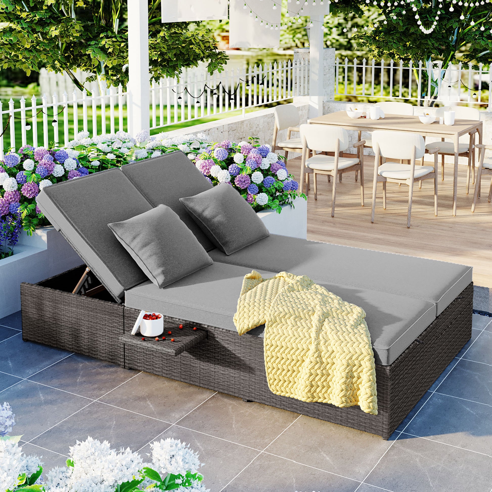 Outdoor Double Sunbed, Wicker Rattan Patio Reclining Chairs With Adjustable Backrest And Seat, Conversational Set For 2 Person, Gray Yes Complete Patio Set Gray Water Resistant Frame Water Resistant Cushion Garden & Outdoor Casual Sofa Seating Groups