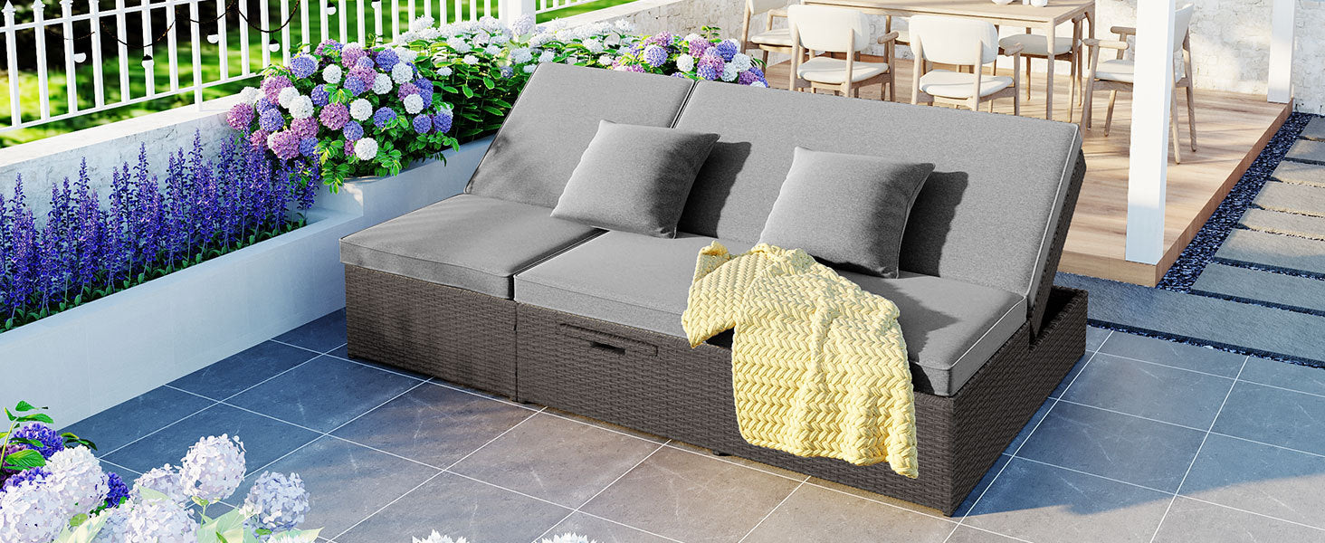 Outdoor Double Sunbed, Wicker Rattan Patio Reclining Chairs With Adjustable Backrest And Seat, Conversational Set For 2 Person, Gray Yes Complete Patio Set Gray Water Resistant Frame Water Resistant Cushion Garden & Outdoor Casual Sofa Seating Groups