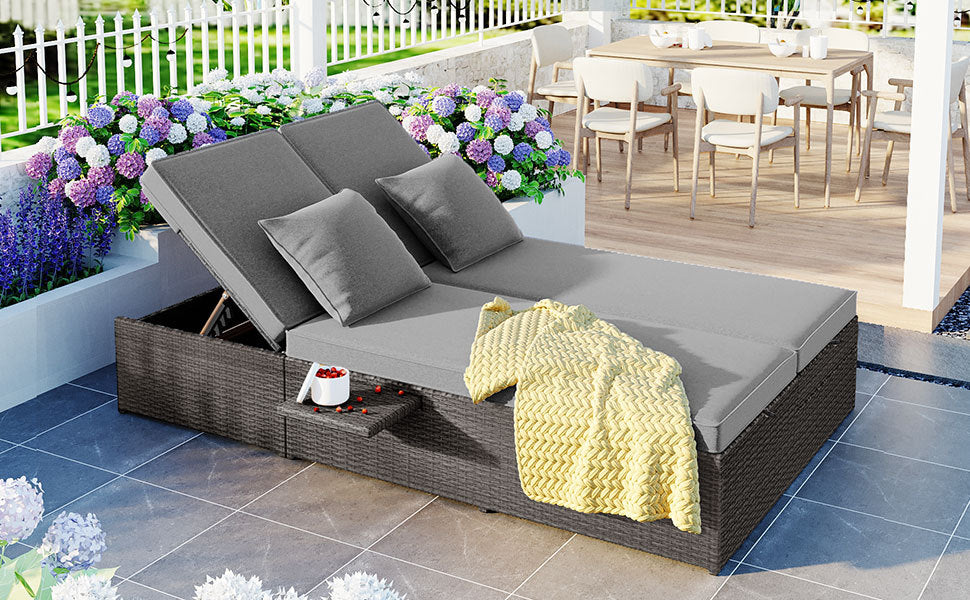 Outdoor Double Sunbed, Wicker Rattan Patio Reclining Chairs With Adjustable Backrest And Seat, Conversational Set For 2 Person, Gray Yes Complete Patio Set Gray Water Resistant Frame Water Resistant Cushion Garden & Outdoor Casual Sofa Seating Groups