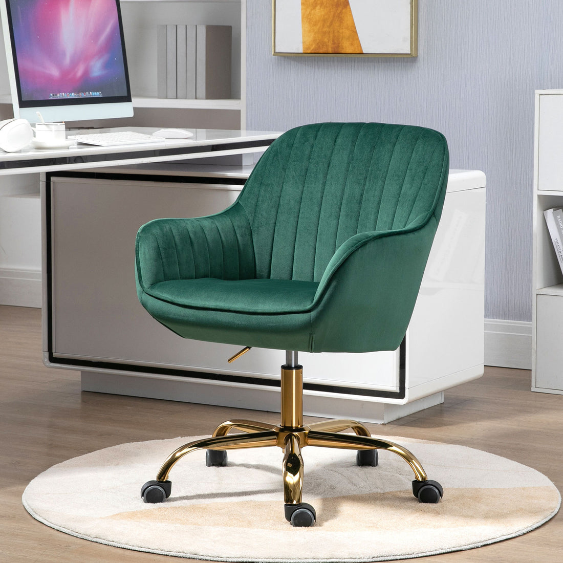 360 Green Velvet Swivel Chair With High Back, Adjustable Working Chair With Golden Color Base Green Velvet