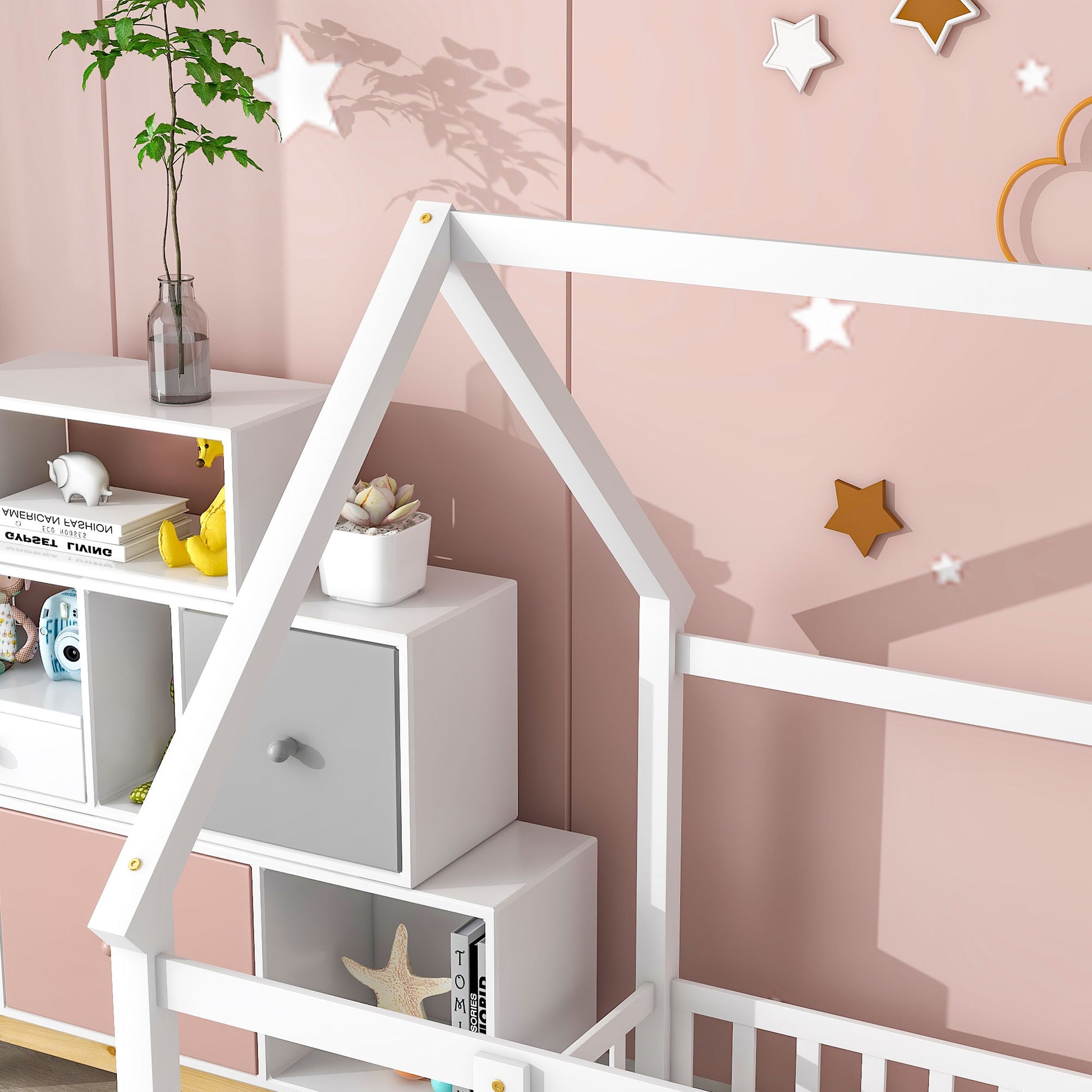 Full Size Floor Wooden Bed With House Roof Frame, Fence Guardrails ,White Old Sku:W50471475 Full White Pine