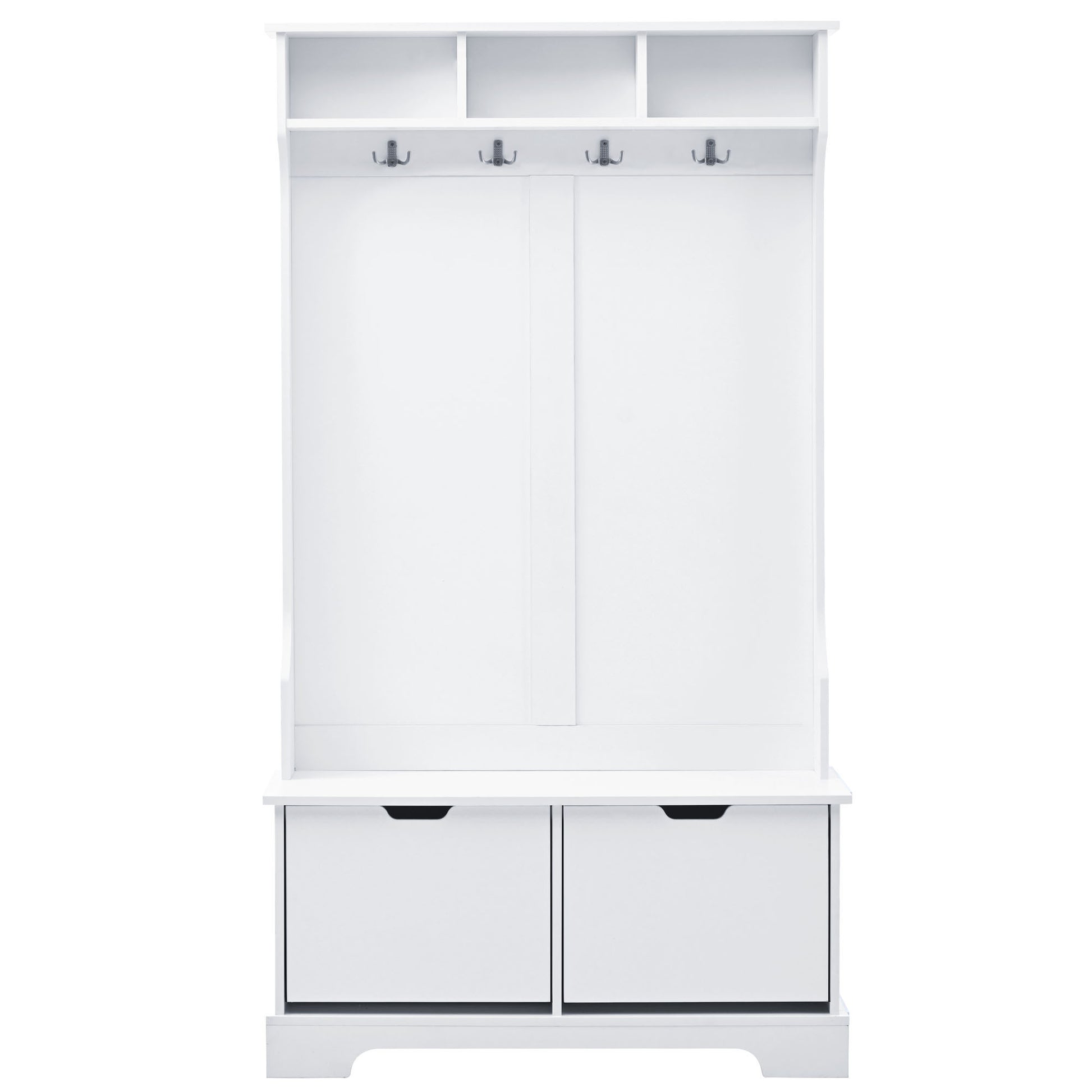 All In One Hall Tree With 3 Top Shelves And 2 Flip Shoe Storage Drawers, Wood Hallway Organizer With Storage Bench And Metal Hanging Hooks, White White Particle Board