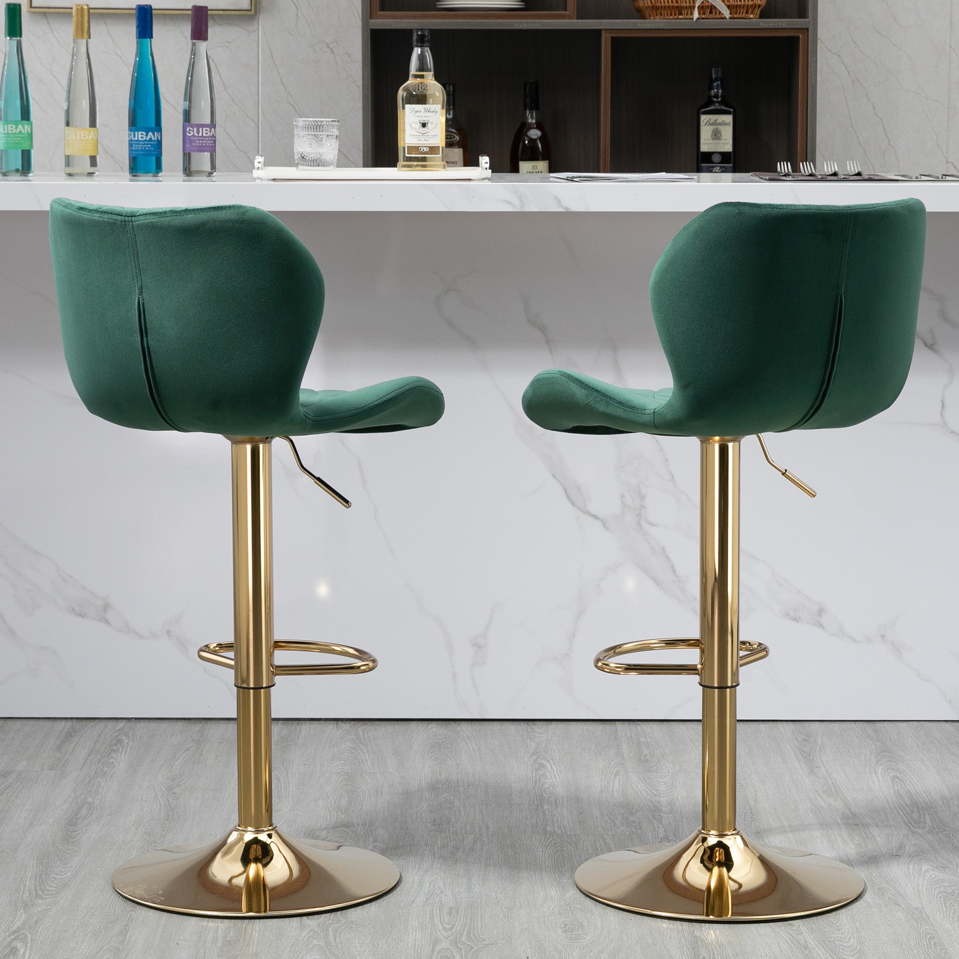 Green Velvet Adjustable Swivel Bar Stools Set Of 2 Modern Counter Height Barstools With Golden Color Base Green Kitchen Modern Foam Velvet