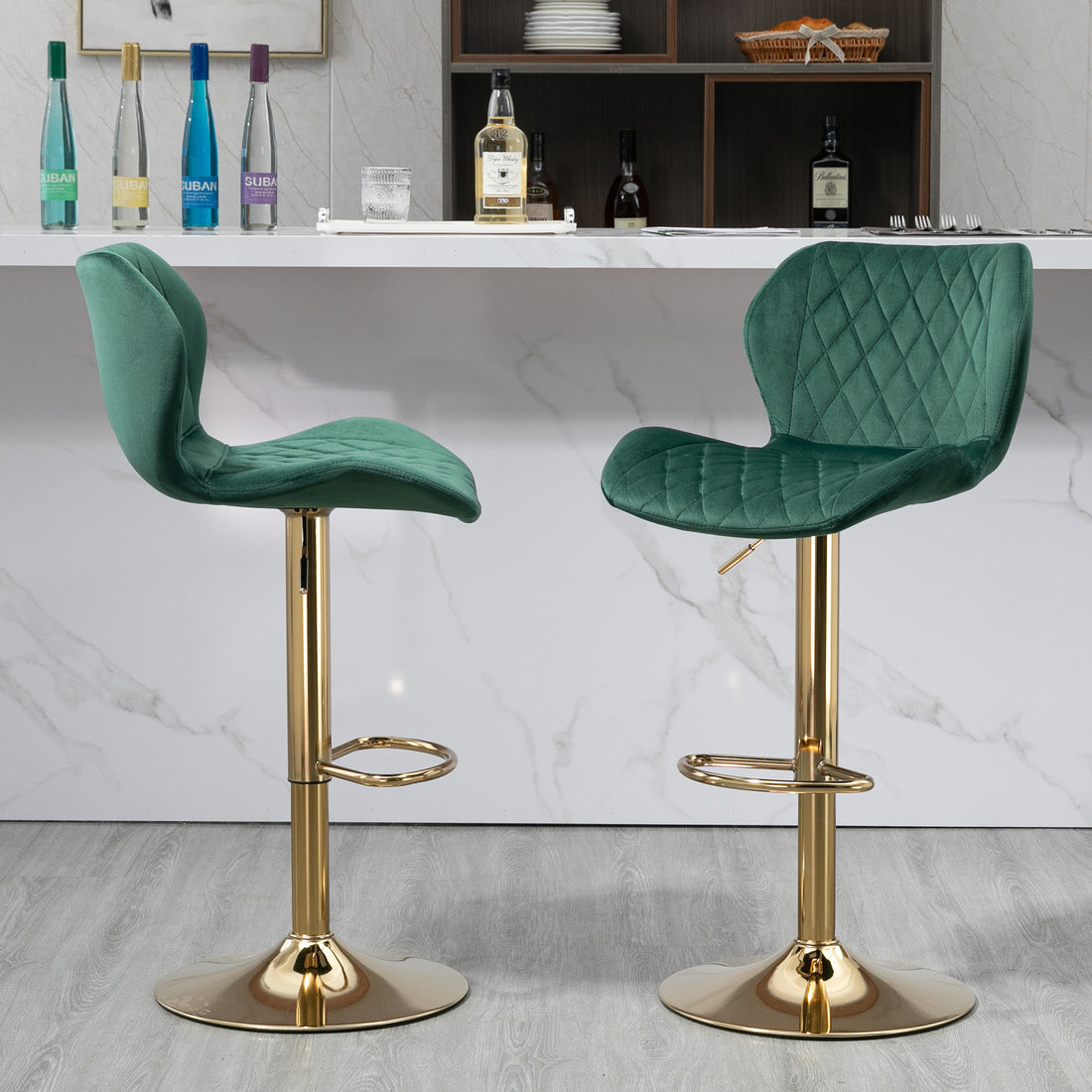 Green Velvet Adjustable Swivel Bar Stools Set Of 2 Modern Counter Height Barstools With Golden Color Base Green Kitchen Modern Foam Velvet