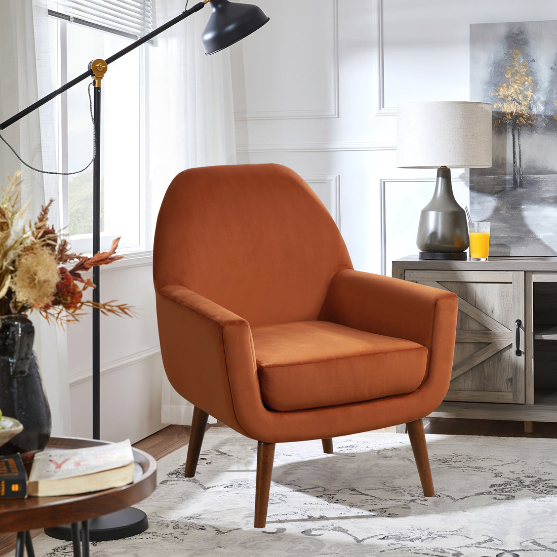 Astrid Mid Century Burnt Orange Velvet Arm Chair Orange Foam Velvet
