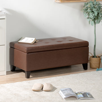 Storage Ottoman With Wooden Legs, Faux Leather Ottoman With Storage For Living Room, Bedroom & Hallway, Ottoman Foot Rest, 38.4" Brown Ottoman Brown Pu Pu Pu