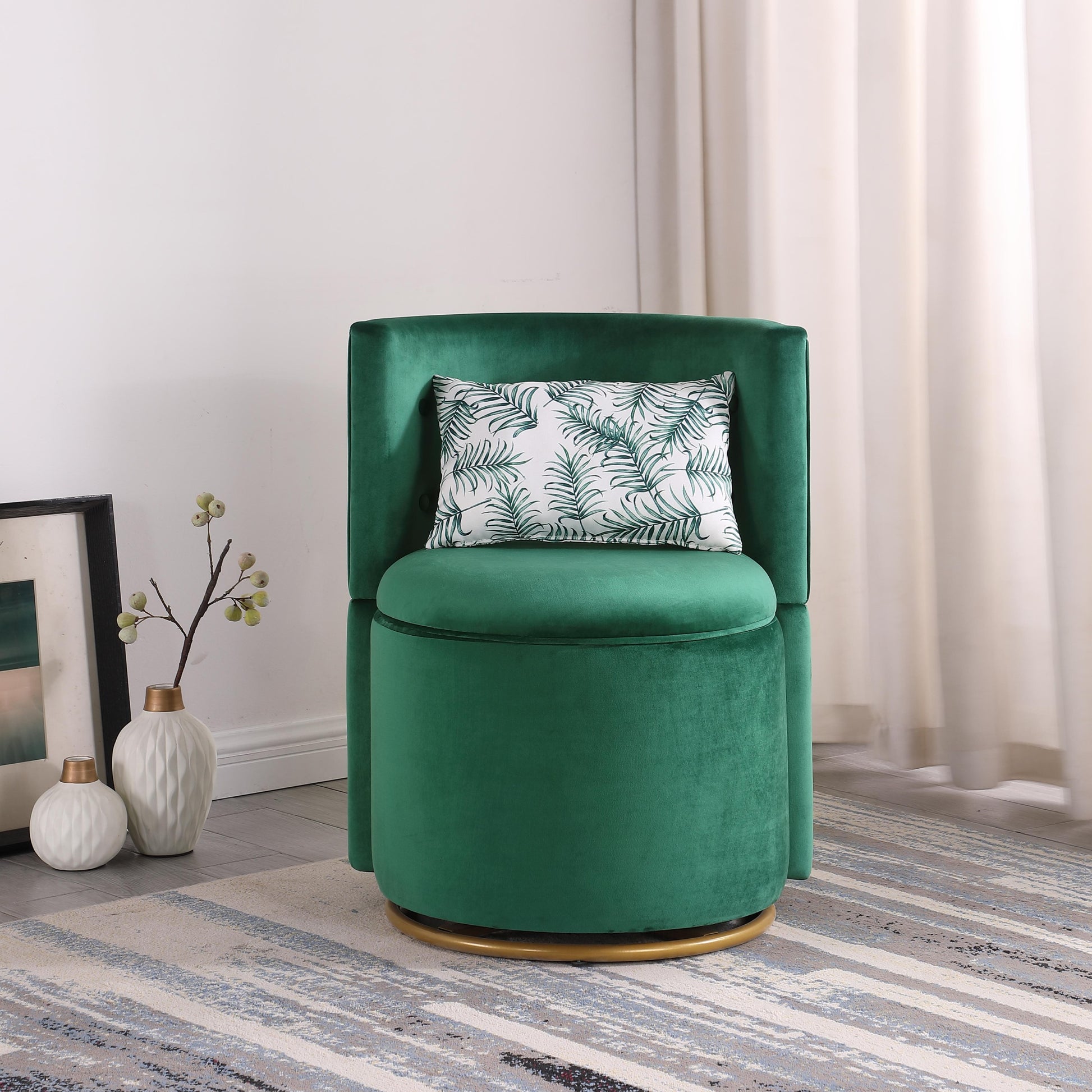 360 Swivel Accent Chair With Storage Function, Velvet Curved Chair With Gold Metal Base For Living Room, Nursery, Bedroom Video Green Velvet
