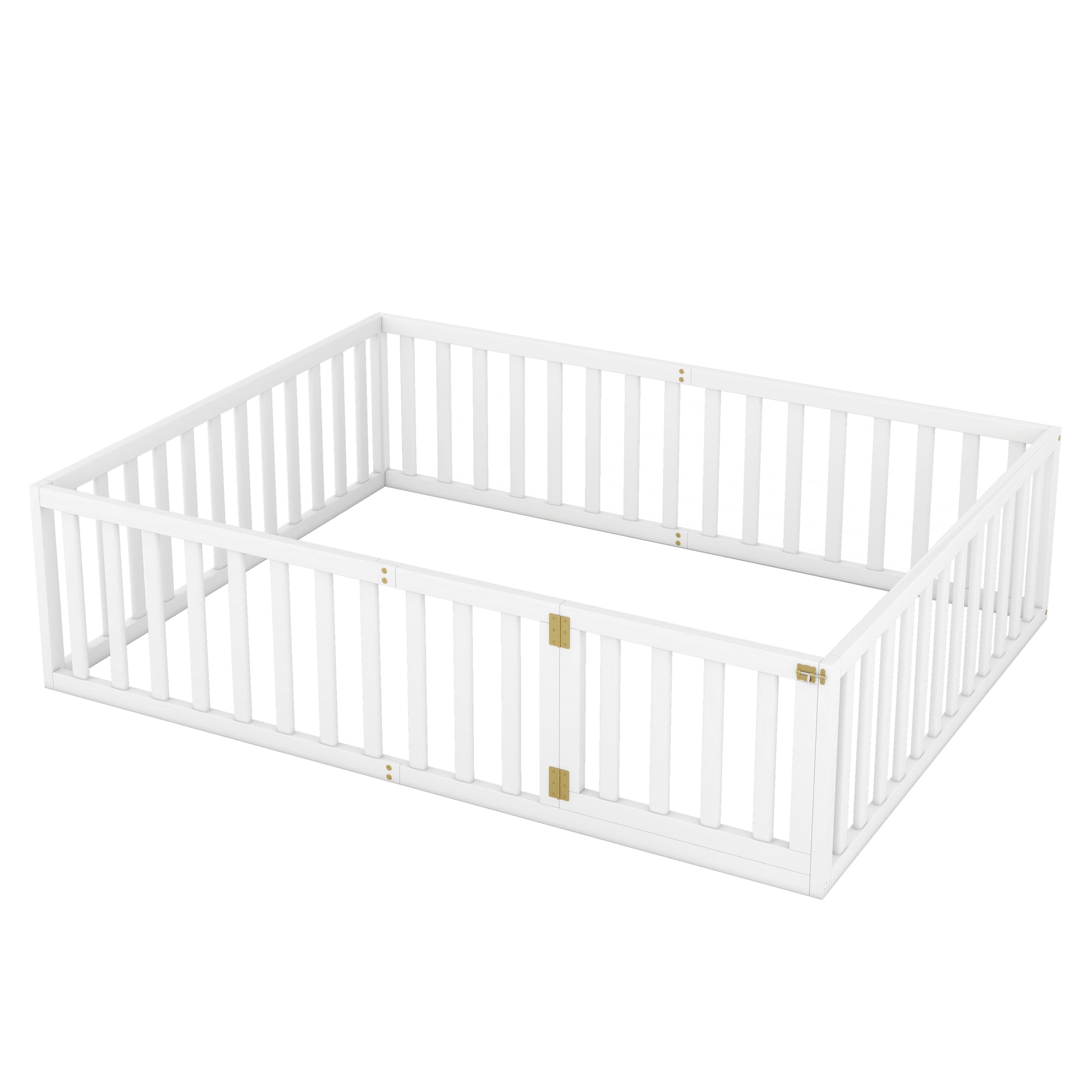 Queen Size Wood Floor Bed Frame With Fence And Door, White Old Sku:Wf289663Aak White Solid Wood