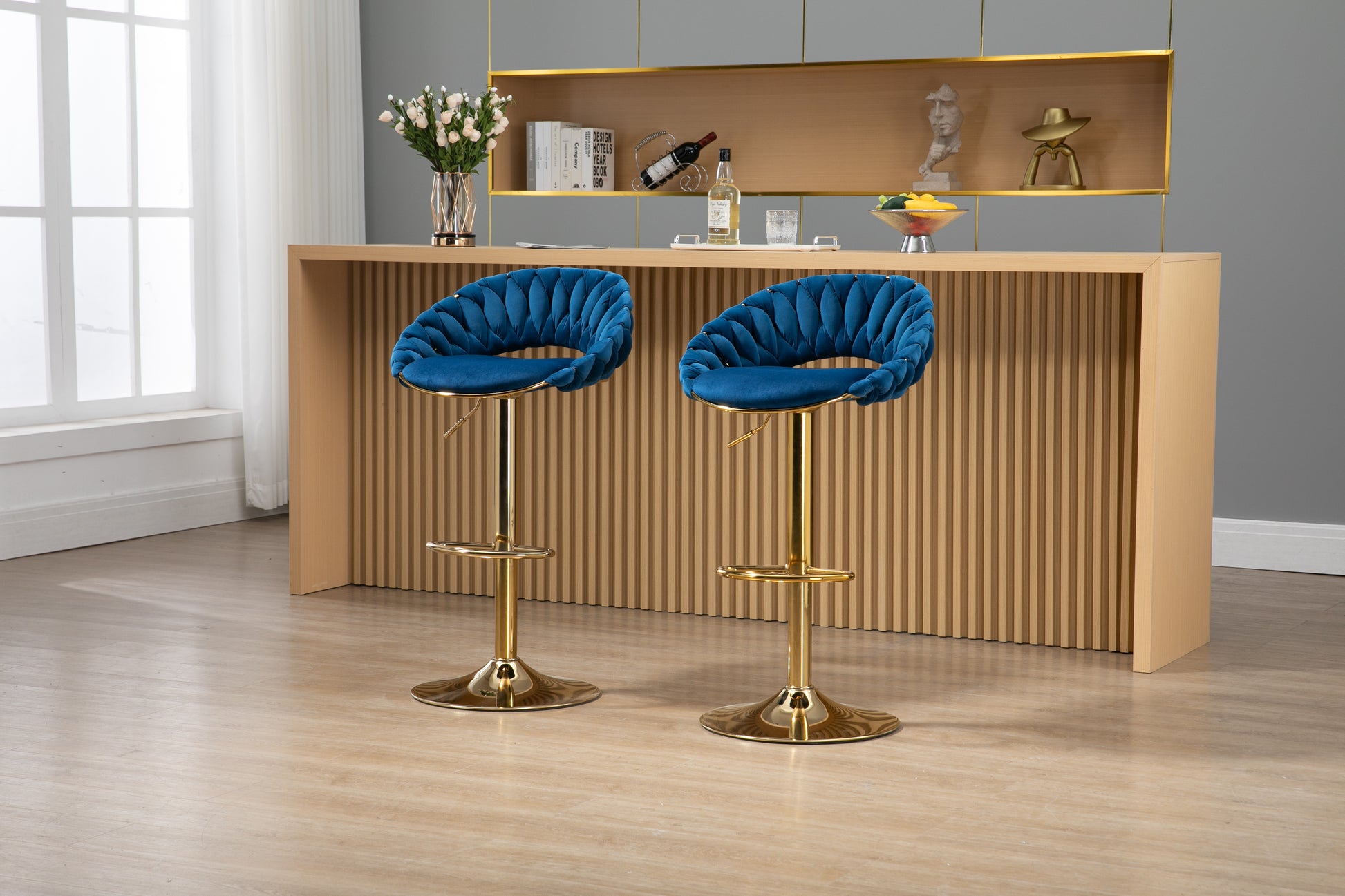 Coolmore Swivel Bar Stools Set Of 2 Adjustable Counter Height Chairs With Footrest For Kitchen, Dining Room 2Pc Set Navy Blue Polyester