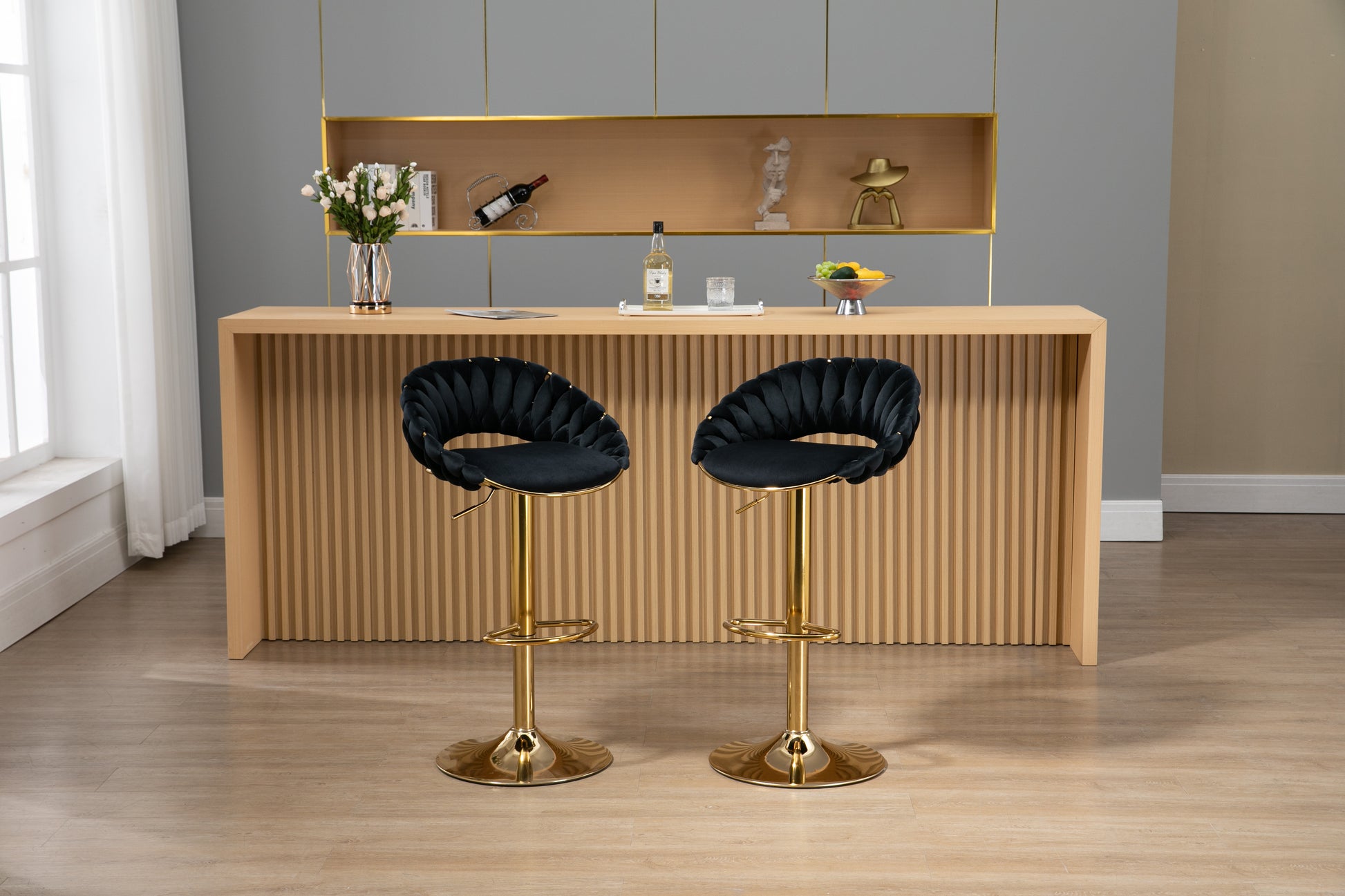 Coolmore Swivel Bar Stools Set Of 2 Adjustable Counter Height Chairs With Footrest For Kitchen, Dining Room 2Pc Set Black Polyester