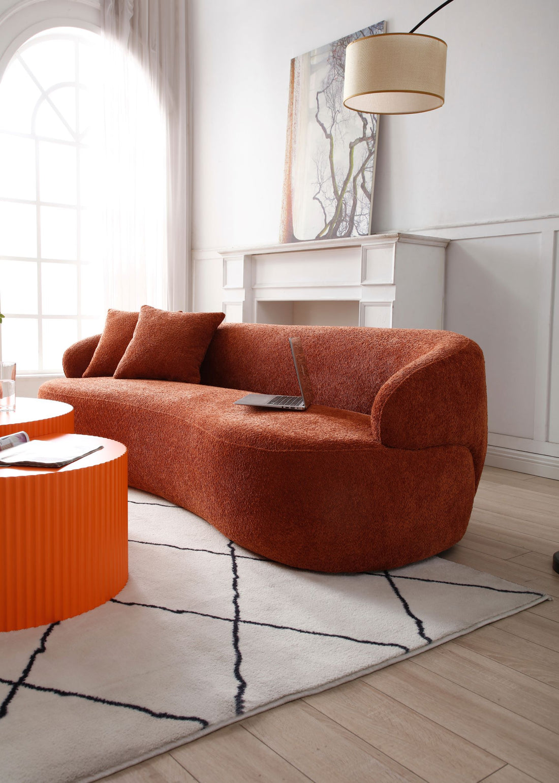 Not Available On Orange Mid Century Modern Curved Sofa, 3 Seat Cloud Couch Boucle Sofa Fabric Couch For Living Room, Bedroom, Office Orange Boucle 3 Seat