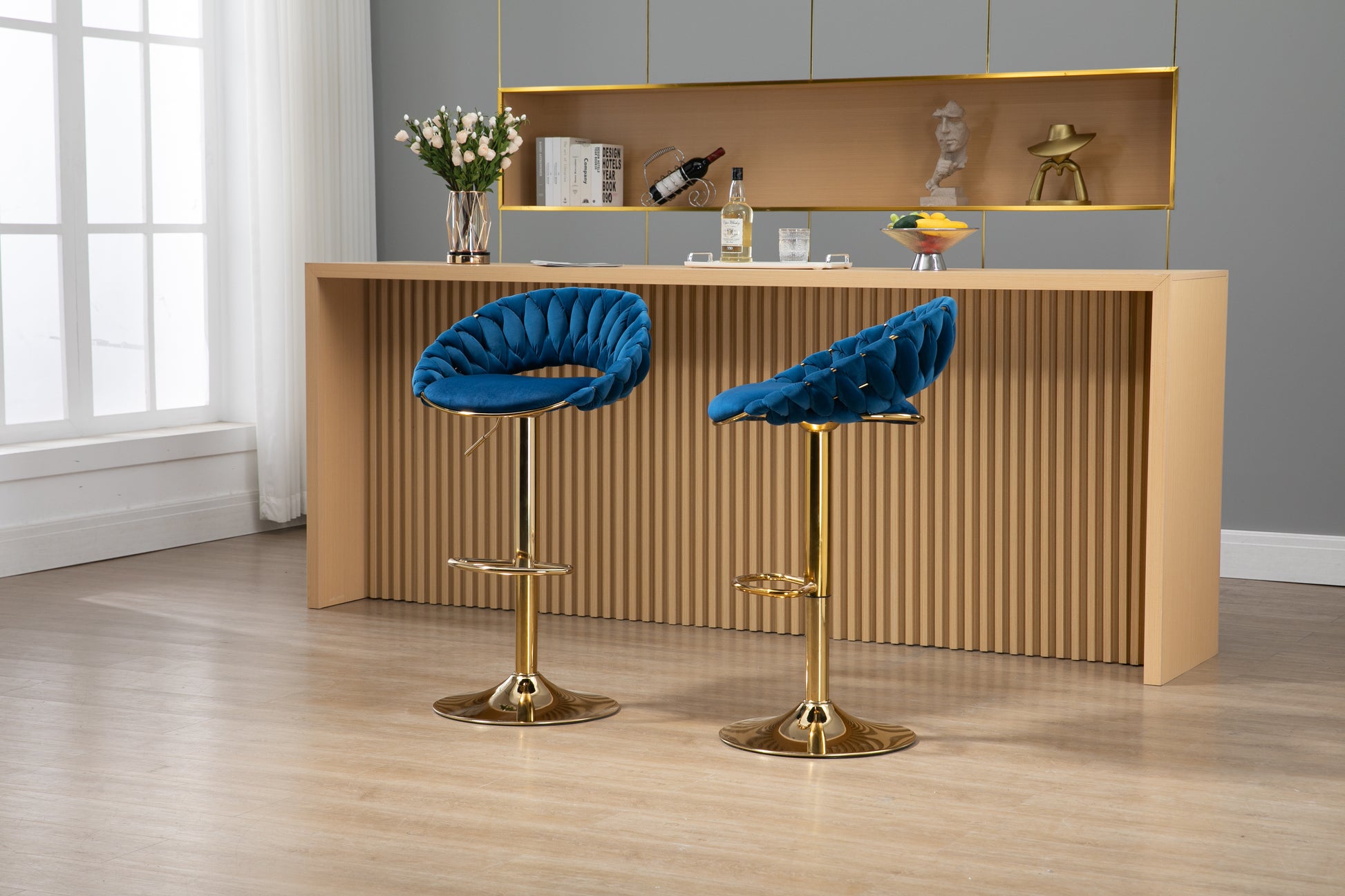 Coolmore Swivel Bar Stools Set Of 2 Adjustable Counter Height Chairs With Footrest For Kitchen, Dining Room 2Pc Set Navy Blue Polyester