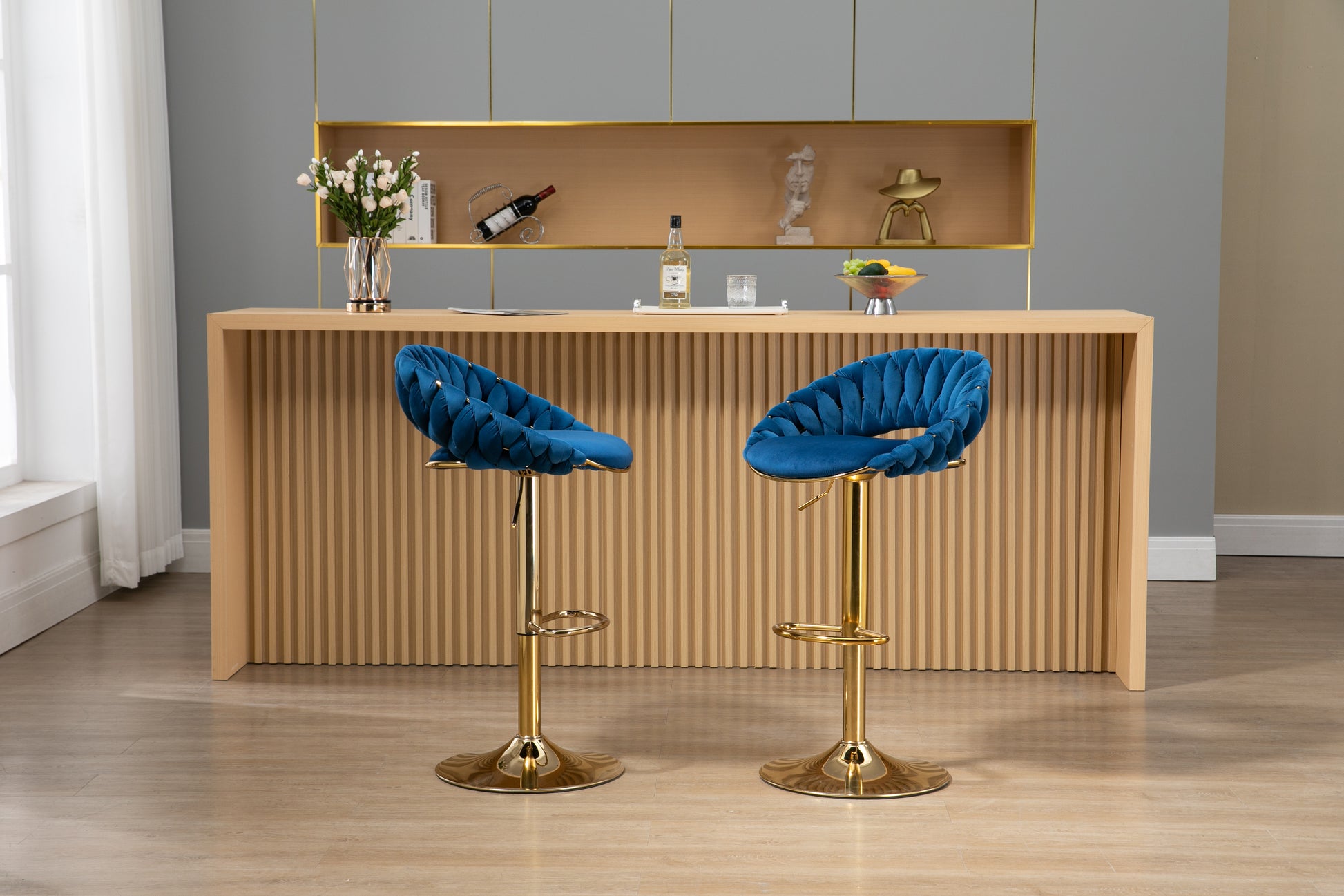 Coolmore Swivel Bar Stools Set Of 2 Adjustable Counter Height Chairs With Footrest For Kitchen, Dining Room 2Pc Set Navy Blue Polyester