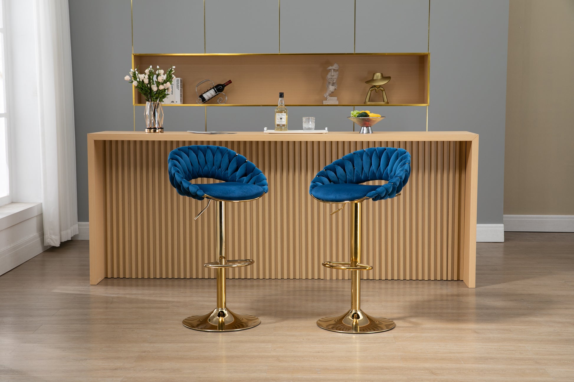 Coolmore Swivel Bar Stools Set Of 2 Adjustable Counter Height Chairs With Footrest For Kitchen, Dining Room 2Pc Set Navy Blue Polyester