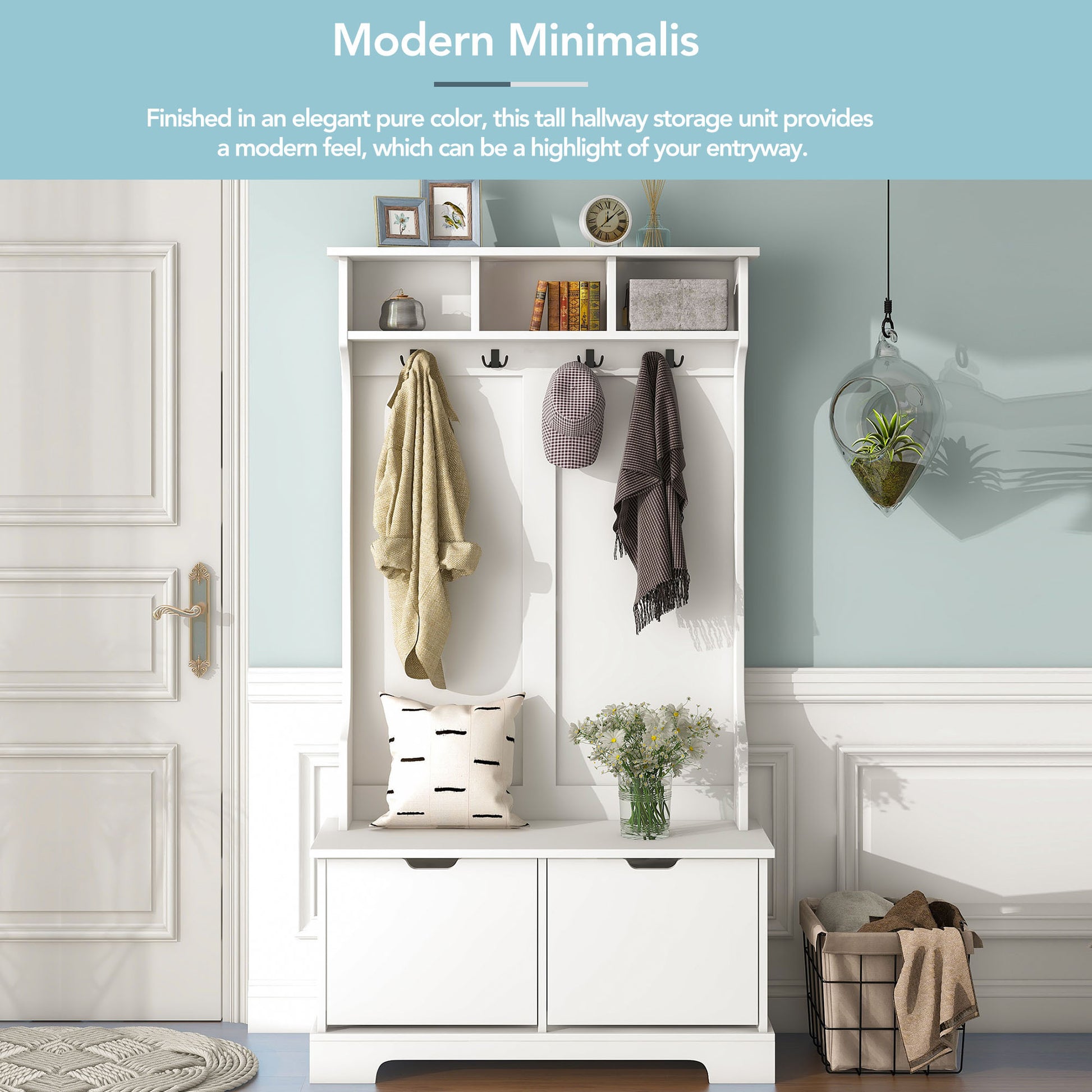 All In One Hall Tree With 3 Top Shelves And 2 Flip Shoe Storage Drawers, Wood Hallway Organizer With Storage Bench And Metal Hanging Hooks, White White Particle Board