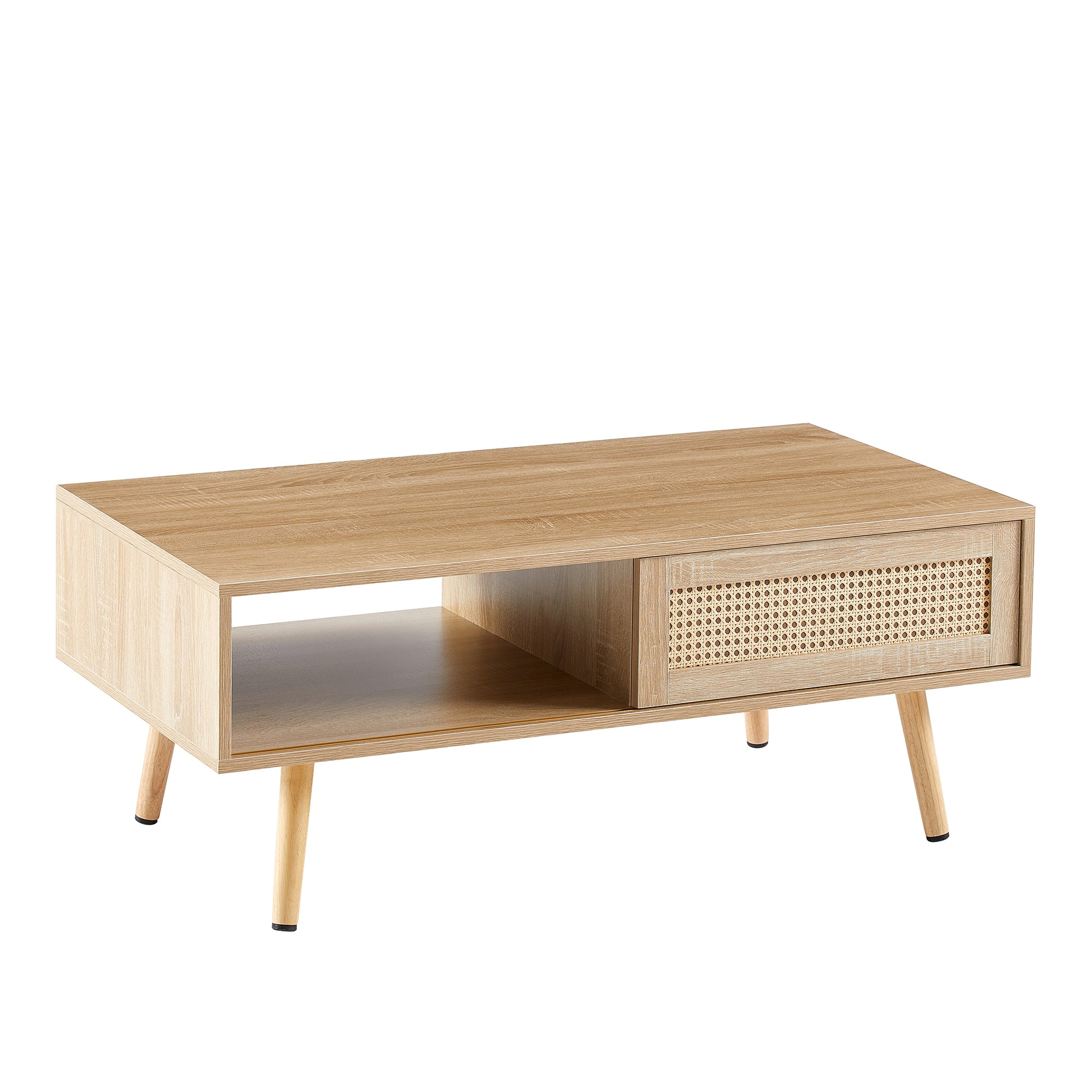 41.34" Rattan Coffee Table, Sliding Door For Storage, Solid Wood Legs, Modern Table For Living Roomnatural Natural Solid Wood Mdf