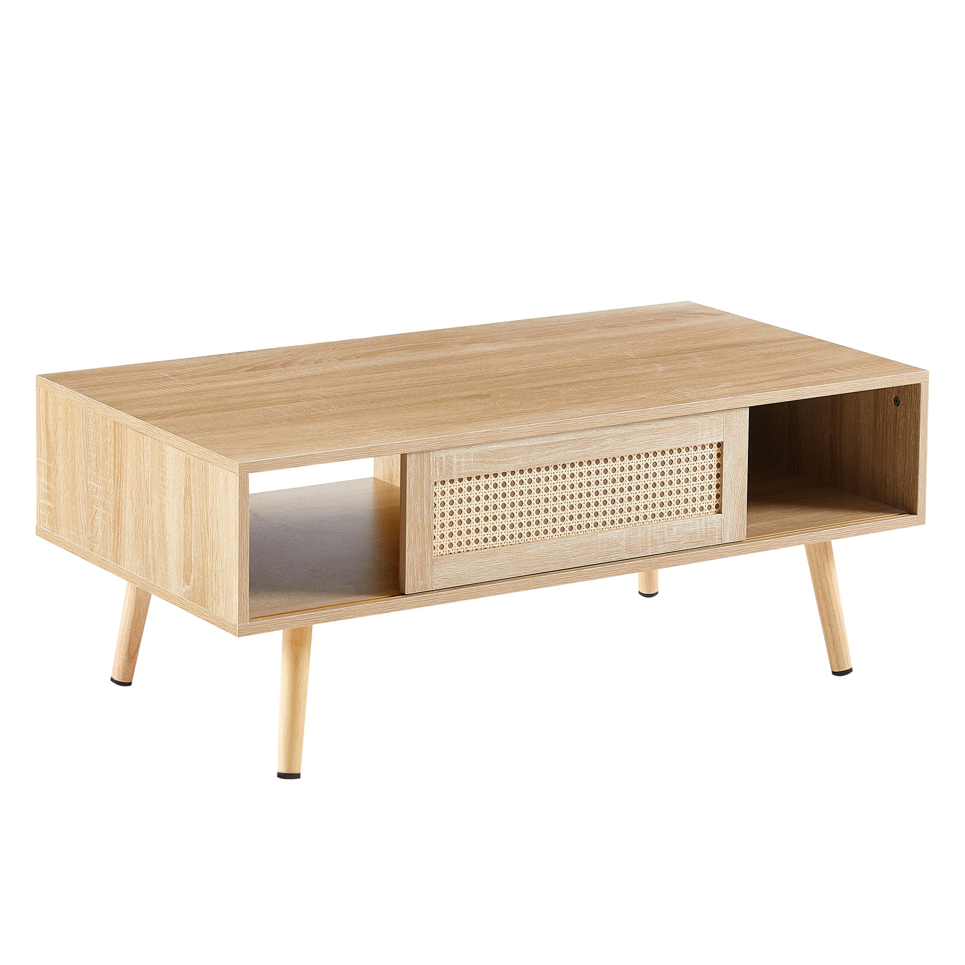 41.34" Rattan Coffee Table, Sliding Door For Storage, Solid Wood Legs, Modern Table For Living Roomnatural Natural Solid Wood Mdf