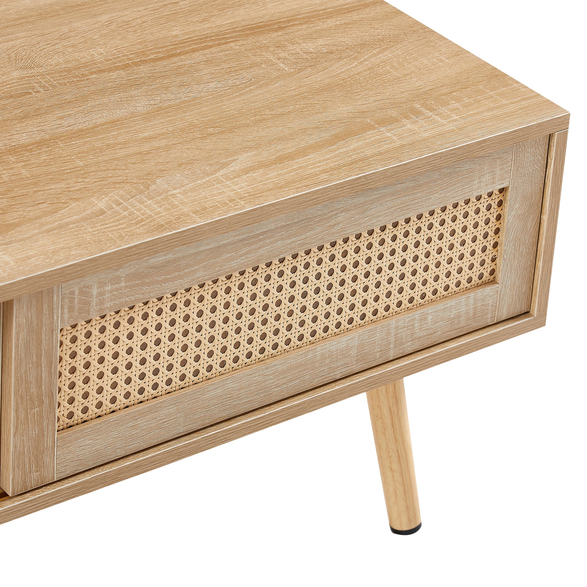 41.34" Rattan Coffee Table, Sliding Door For Storage, Solid Wood Legs, Modern Table For Living Roomnatural Natural Solid Wood Mdf