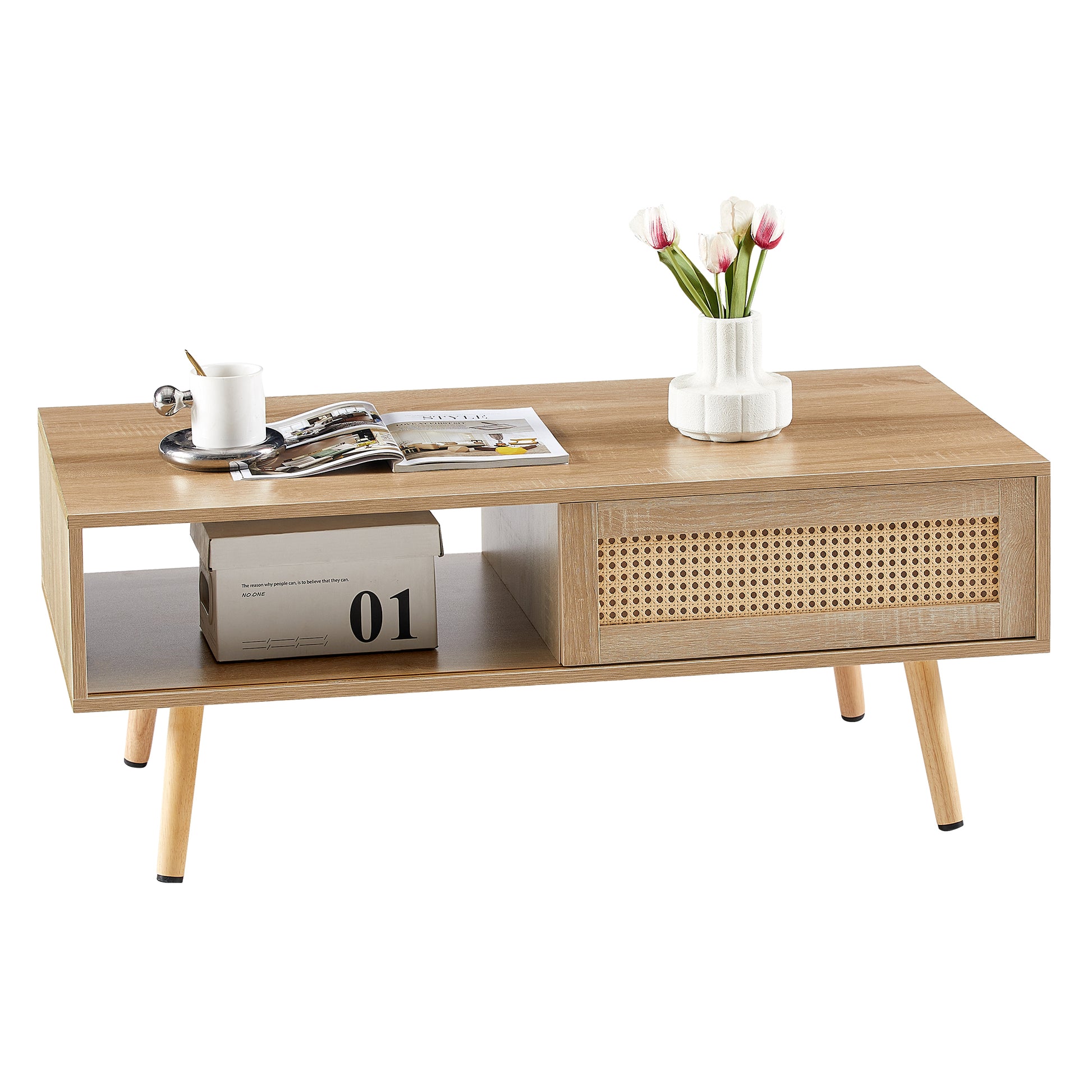 41.34" Rattan Coffee Table, Sliding Door For Storage, Solid Wood Legs, Modern Table For Living Roomnatural Natural Solid Wood Mdf