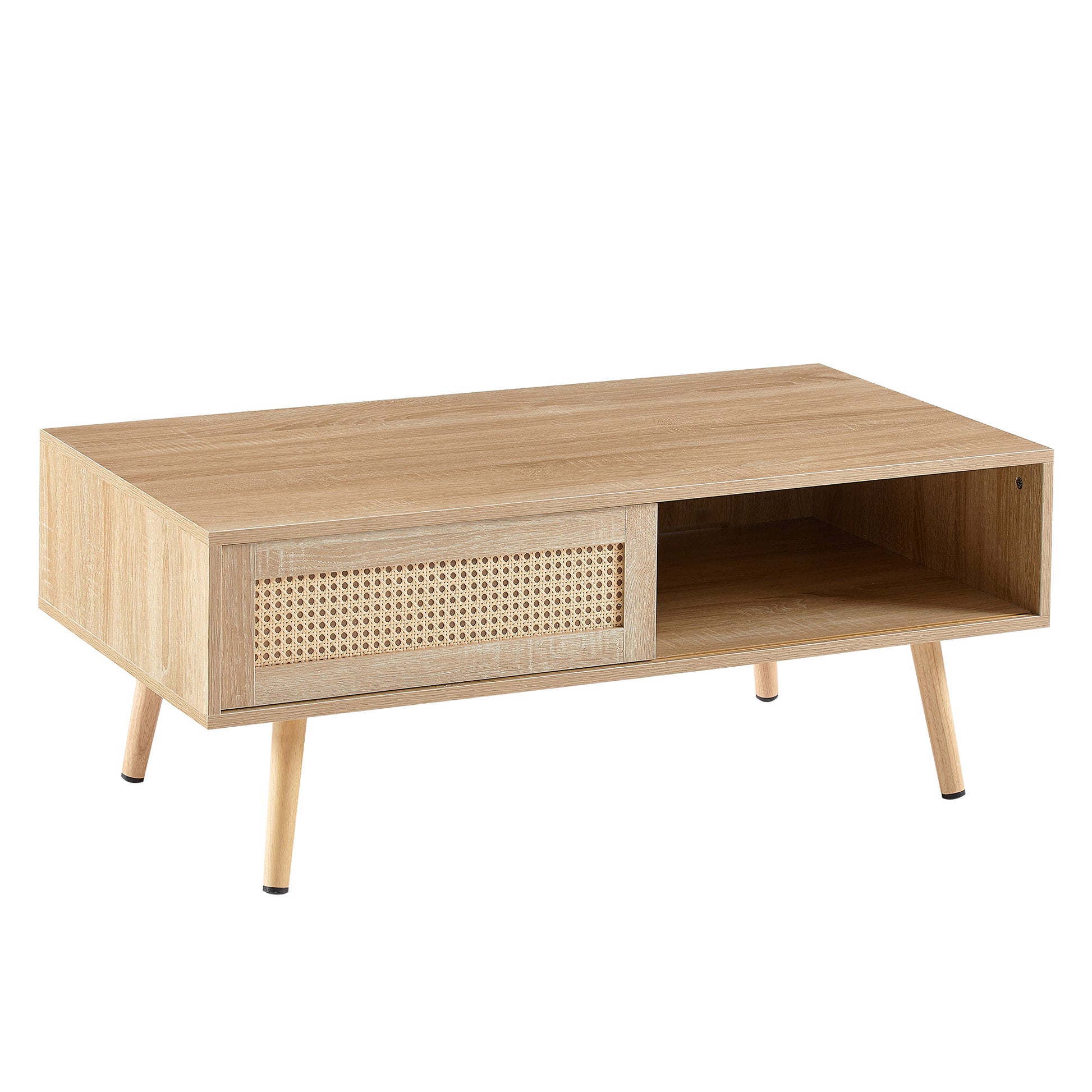 41.34" Rattan Coffee Table, Sliding Door For Storage, Solid Wood Legs, Modern Table For Living Roomnatural Natural Solid Wood Mdf