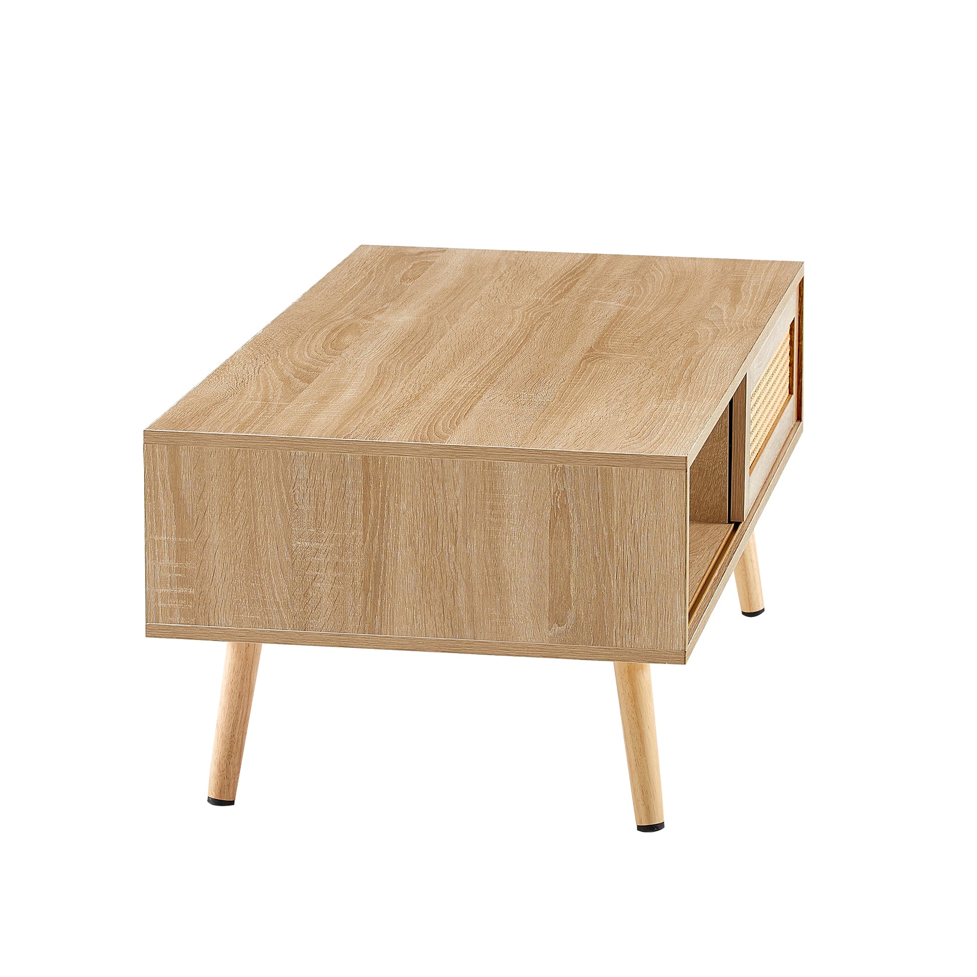 41.34" Rattan Coffee Table, Sliding Door For Storage, Solid Wood Legs, Modern Table For Living Roomnatural Natural Solid Wood Mdf