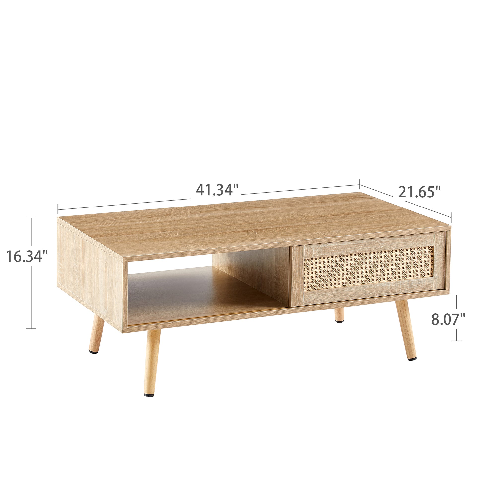 41.34" Rattan Coffee Table, Sliding Door For Storage, Solid Wood Legs, Modern Table For Living Roomnatural Natural Solid Wood Mdf