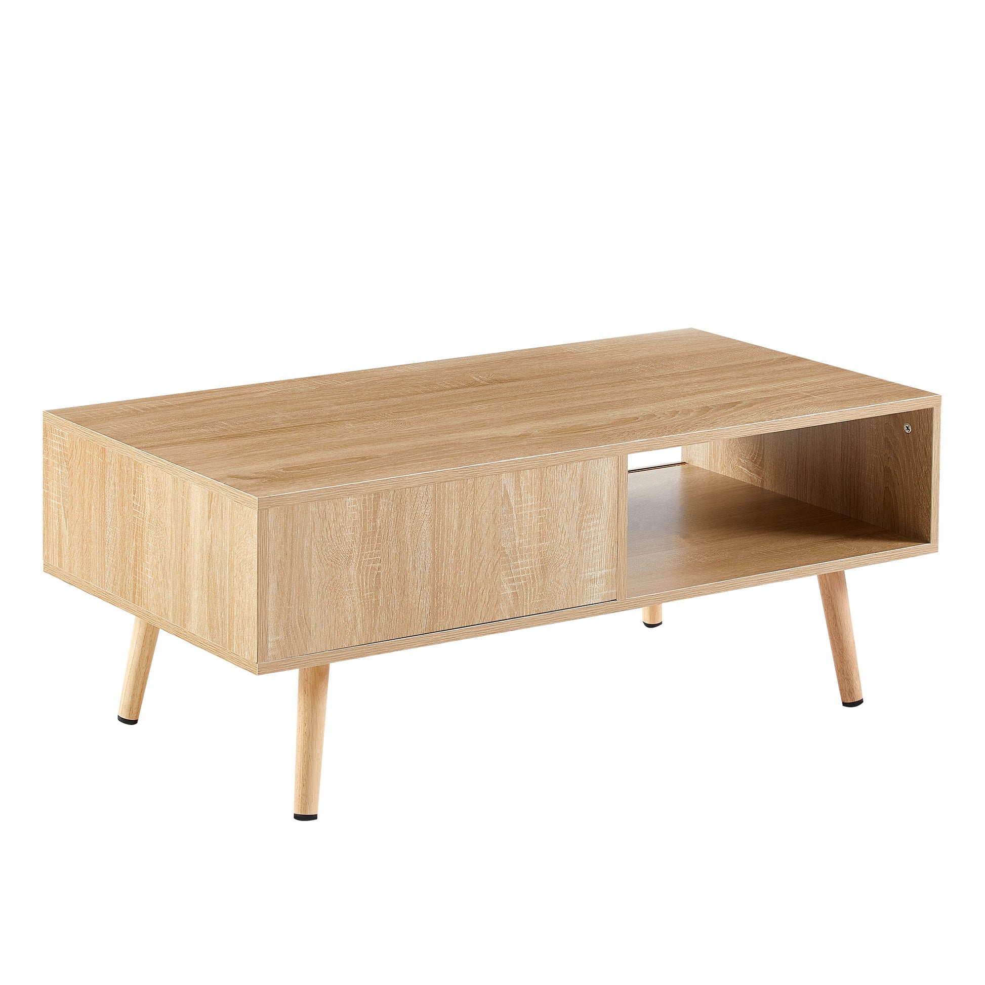 41.34" Rattan Coffee Table, Sliding Door For Storage, Solid Wood Legs, Modern Table For Living Roomnatural Natural Solid Wood Mdf