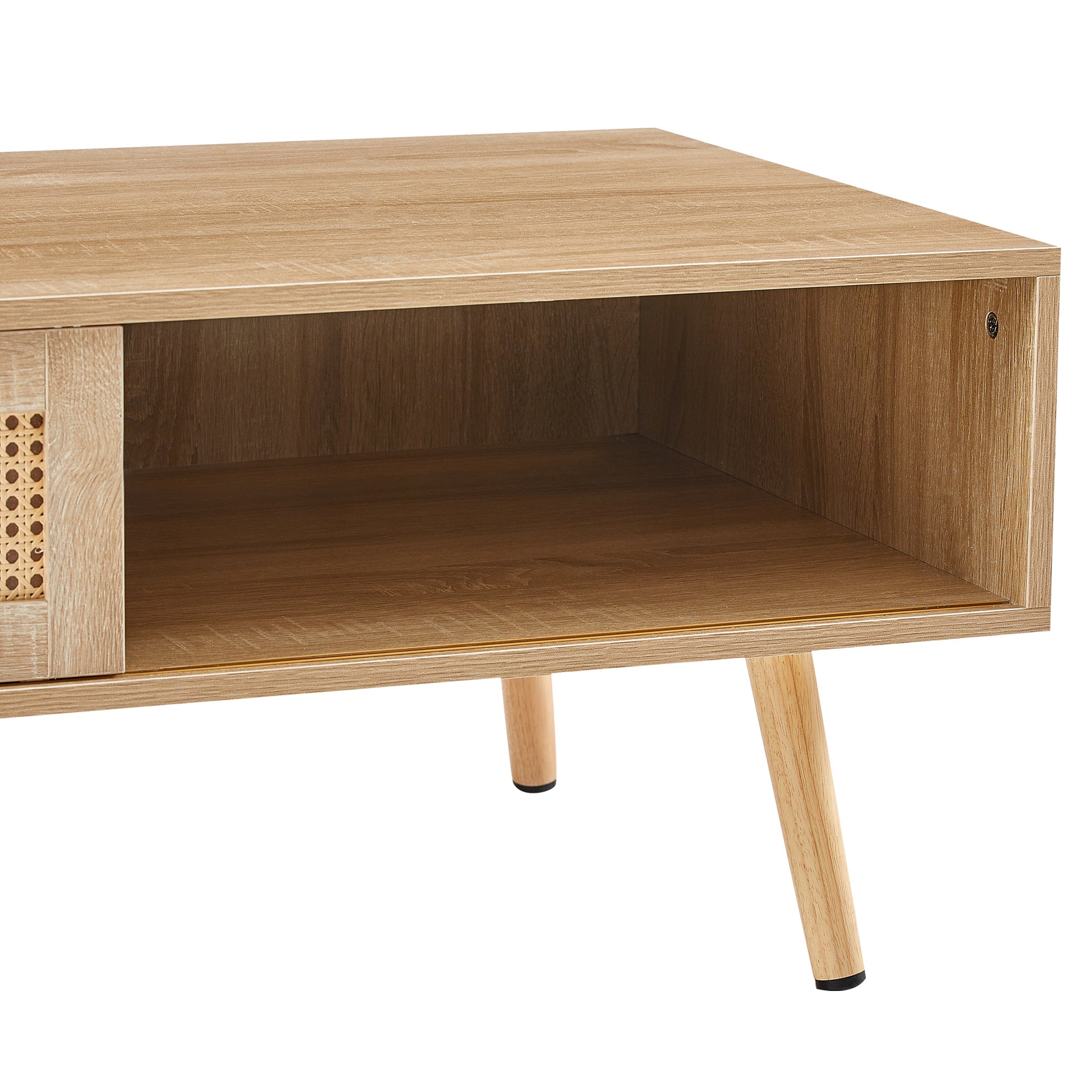 41.34" Rattan Coffee Table, Sliding Door For Storage, Solid Wood Legs, Modern Table For Living Roomnatural Natural Solid Wood Mdf
