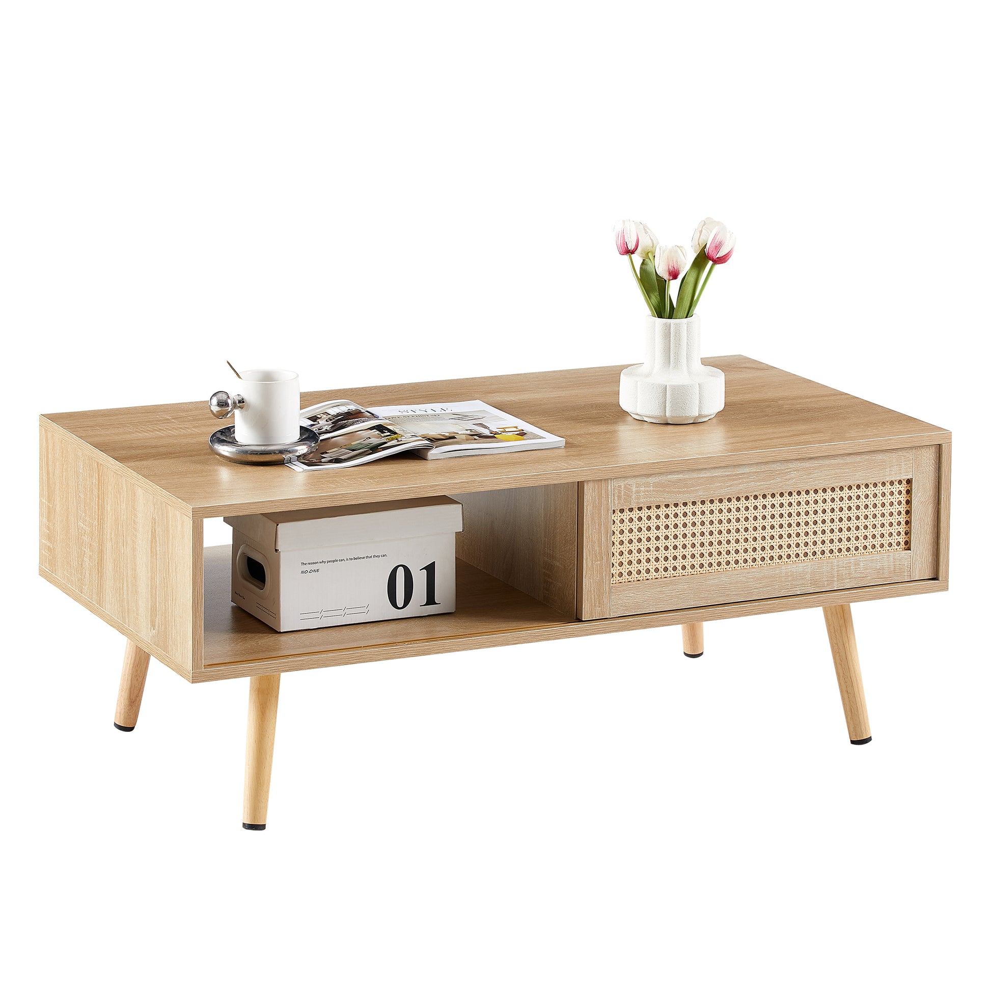 41.34" Rattan Coffee Table, Sliding Door For Storage, Solid Wood Legs, Modern Table For Living Roomnatural Natural Solid Wood Mdf