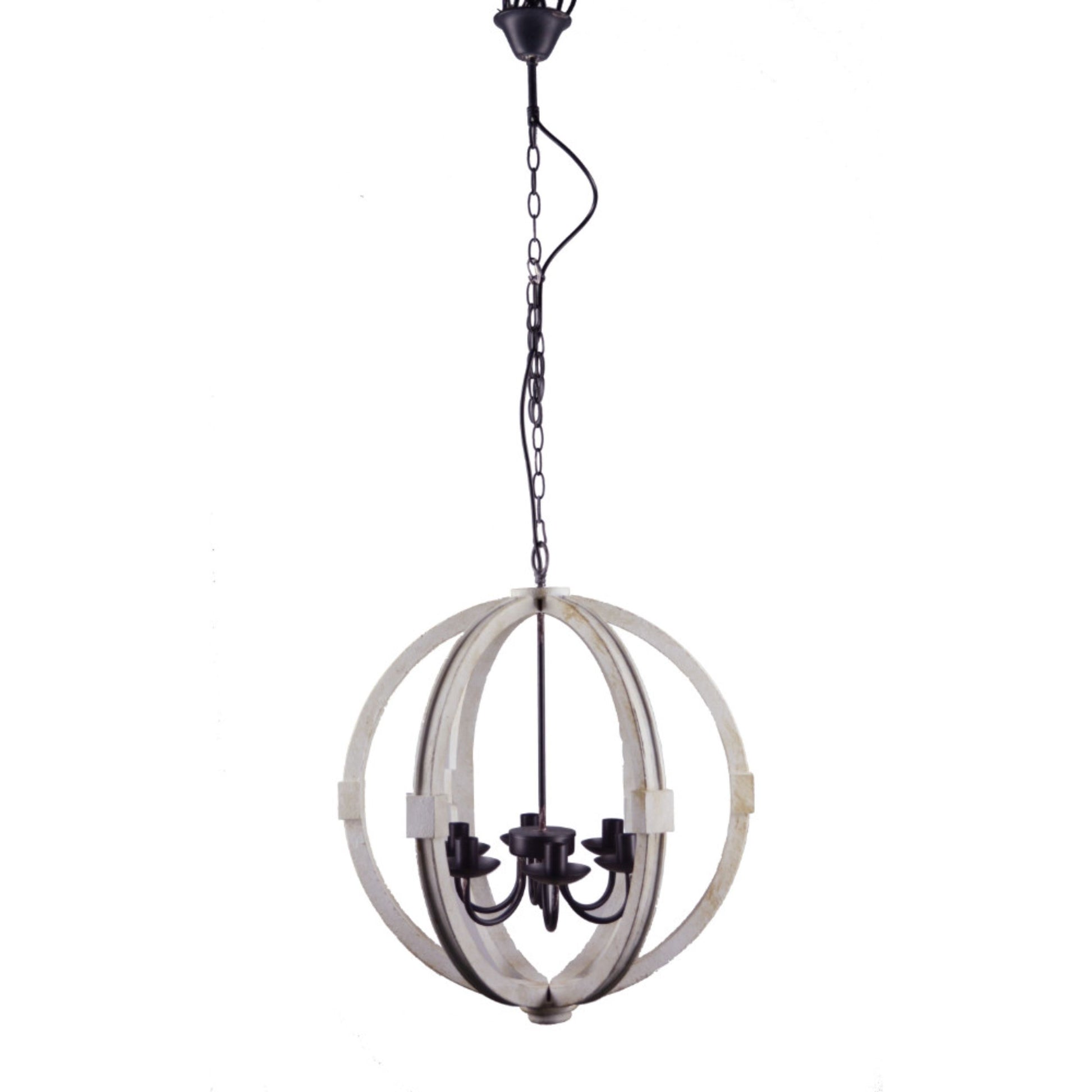 Calder Wooden Orb Shape Chandelier With Metal Chain And Six Bulb Holders, White White Metal & Wood