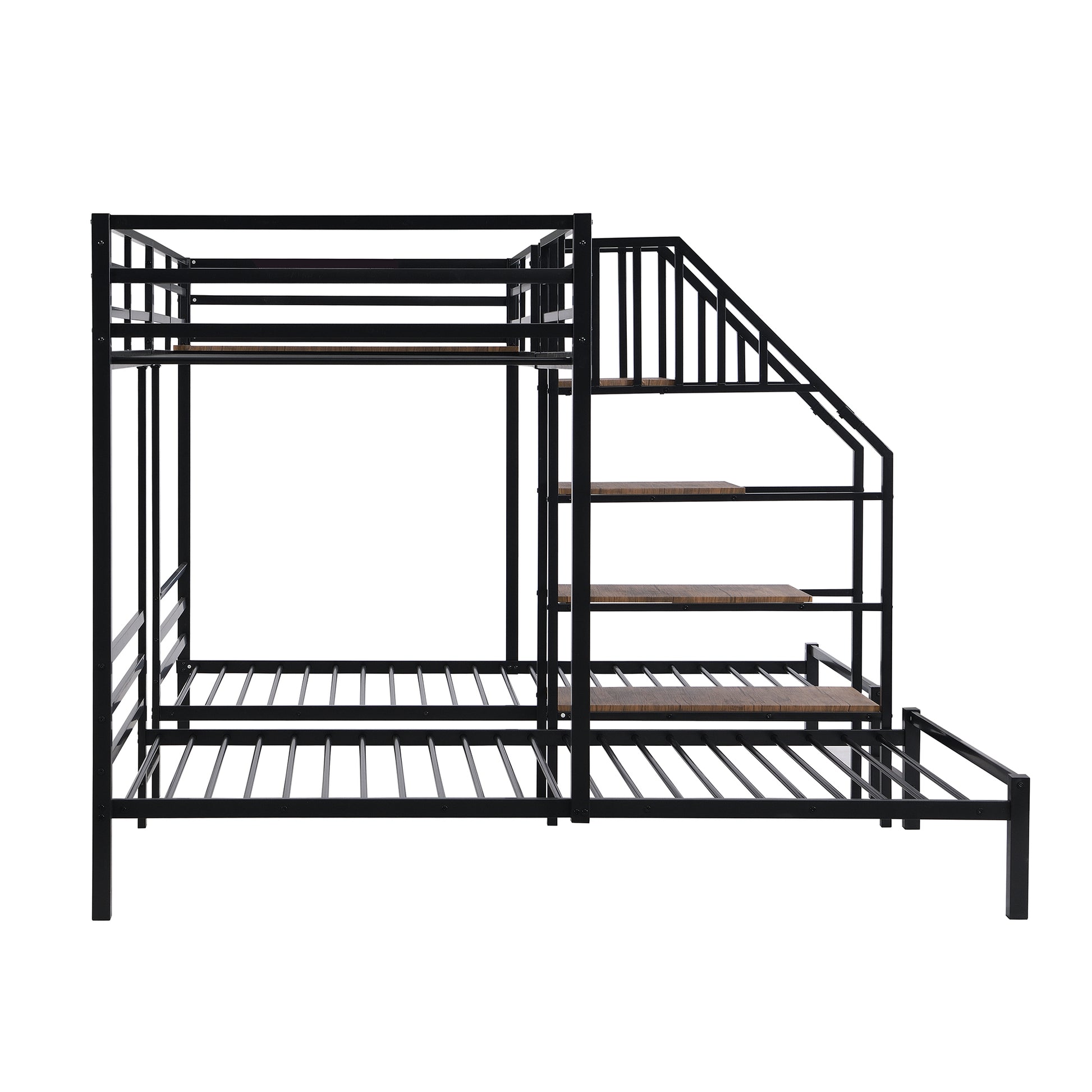 Metal Twin Over Twin & Twin Bunk Bed, Triple Bunk Bed With Storage Shelves Staircase, Black Twin Black Metal & Wood