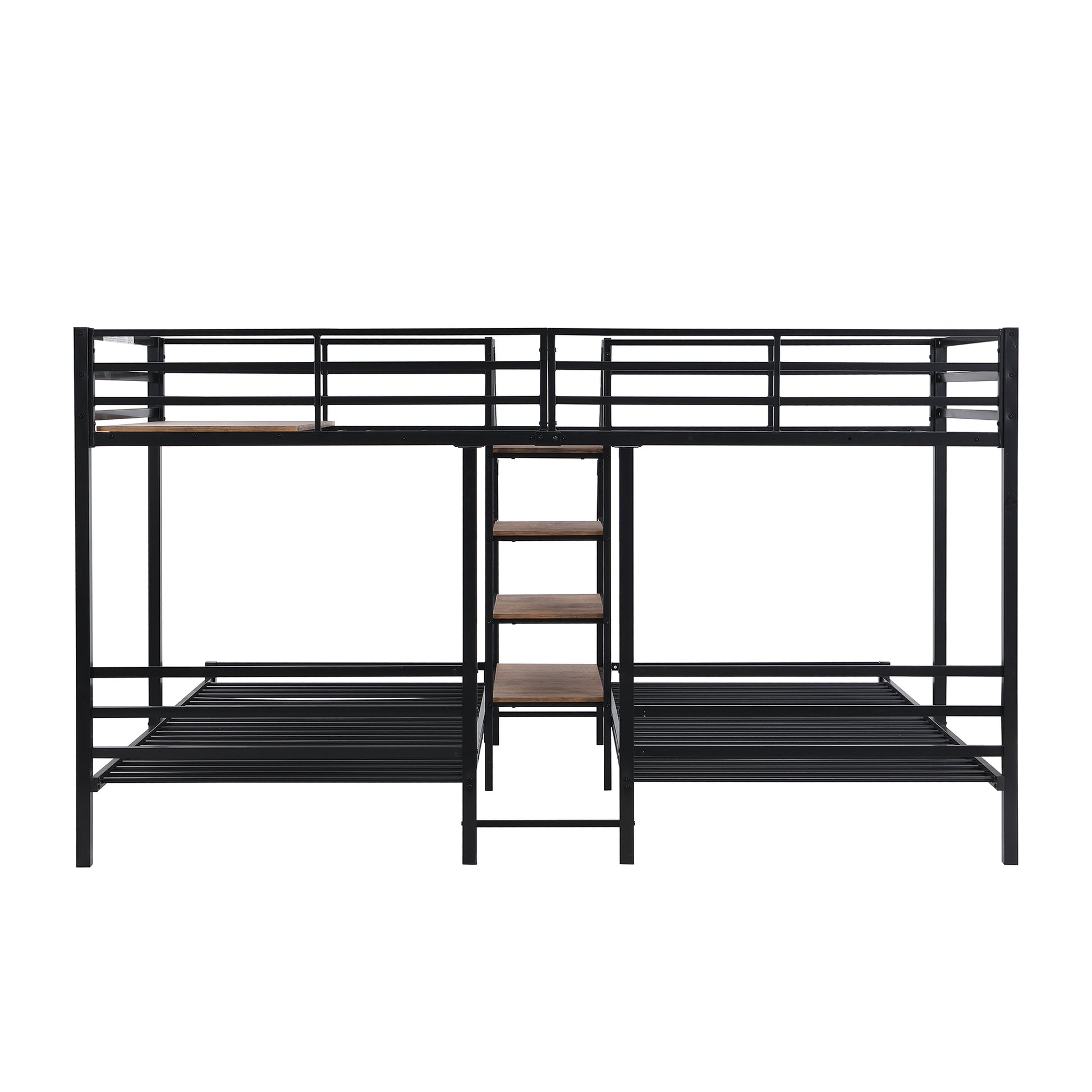 Metal Twin Over Twin & Twin Bunk Bed, Triple Bunk Bed With Storage Shelves Staircase, Black Twin Black Metal & Wood