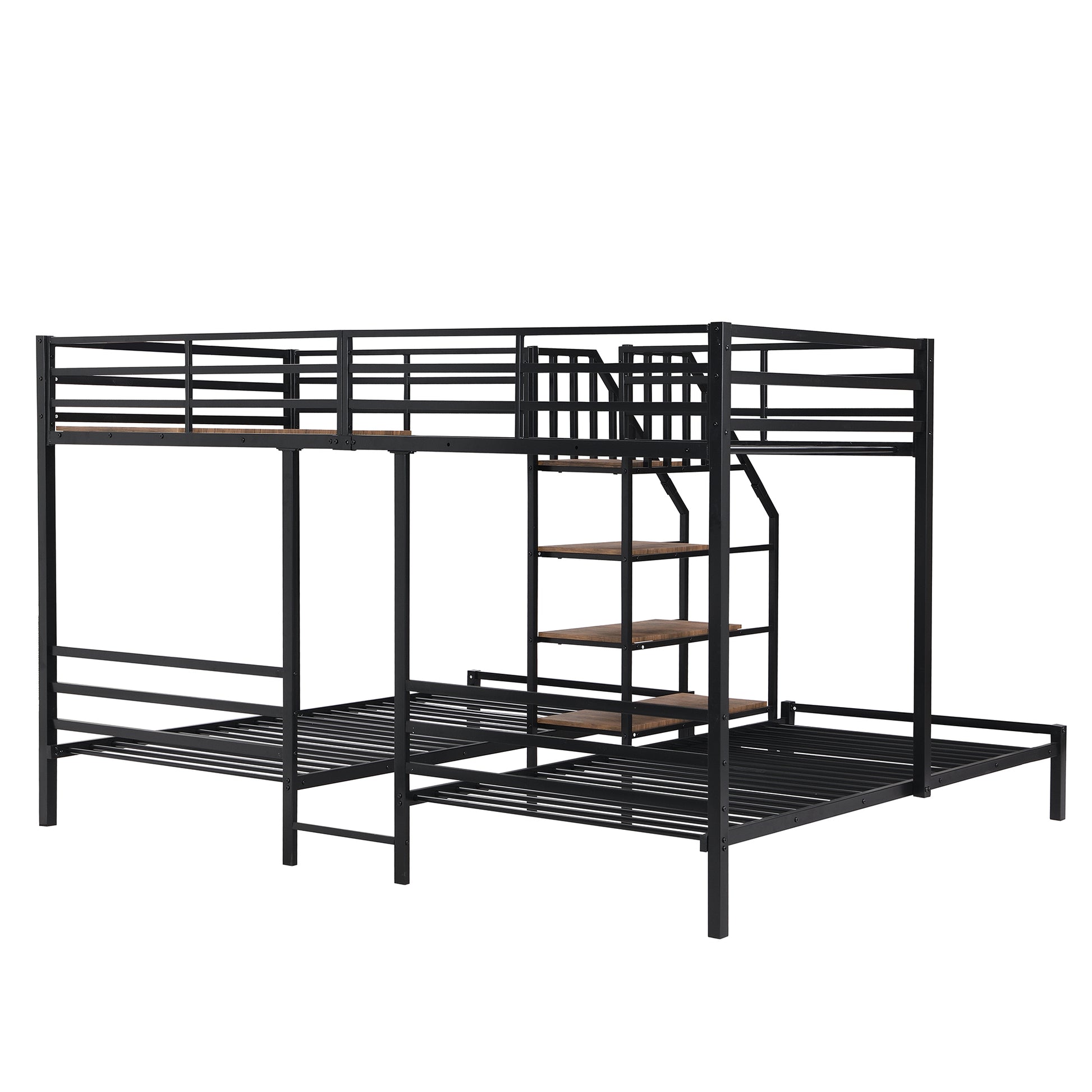 Metal Twin Over Twin & Twin Bunk Bed, Triple Bunk Bed With Storage Shelves Staircase, Black Twin Black Metal & Wood