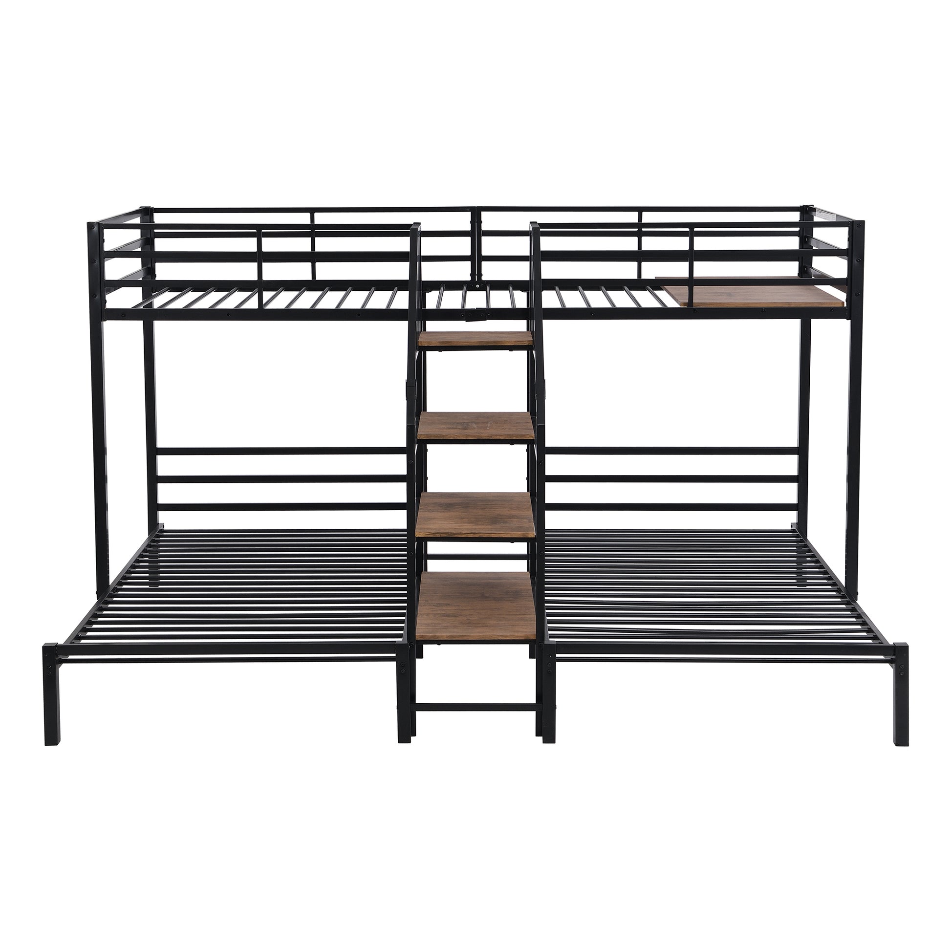 Metal Twin Over Twin & Twin Bunk Bed, Triple Bunk Bed With Storage Shelves Staircase, Black Twin Black Metal & Wood