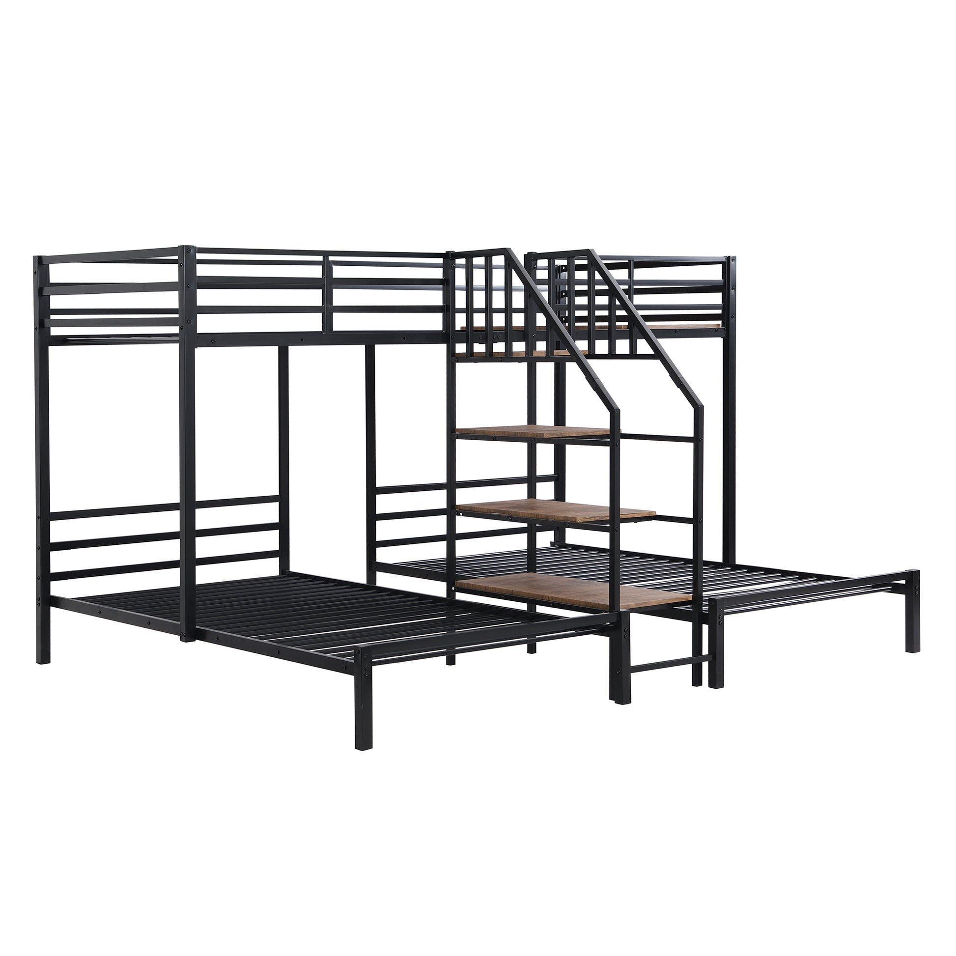 Metal Twin Over Twin & Twin Bunk Bed, Triple Bunk Bed With Storage Shelves Staircase, Black Twin Black Metal & Wood