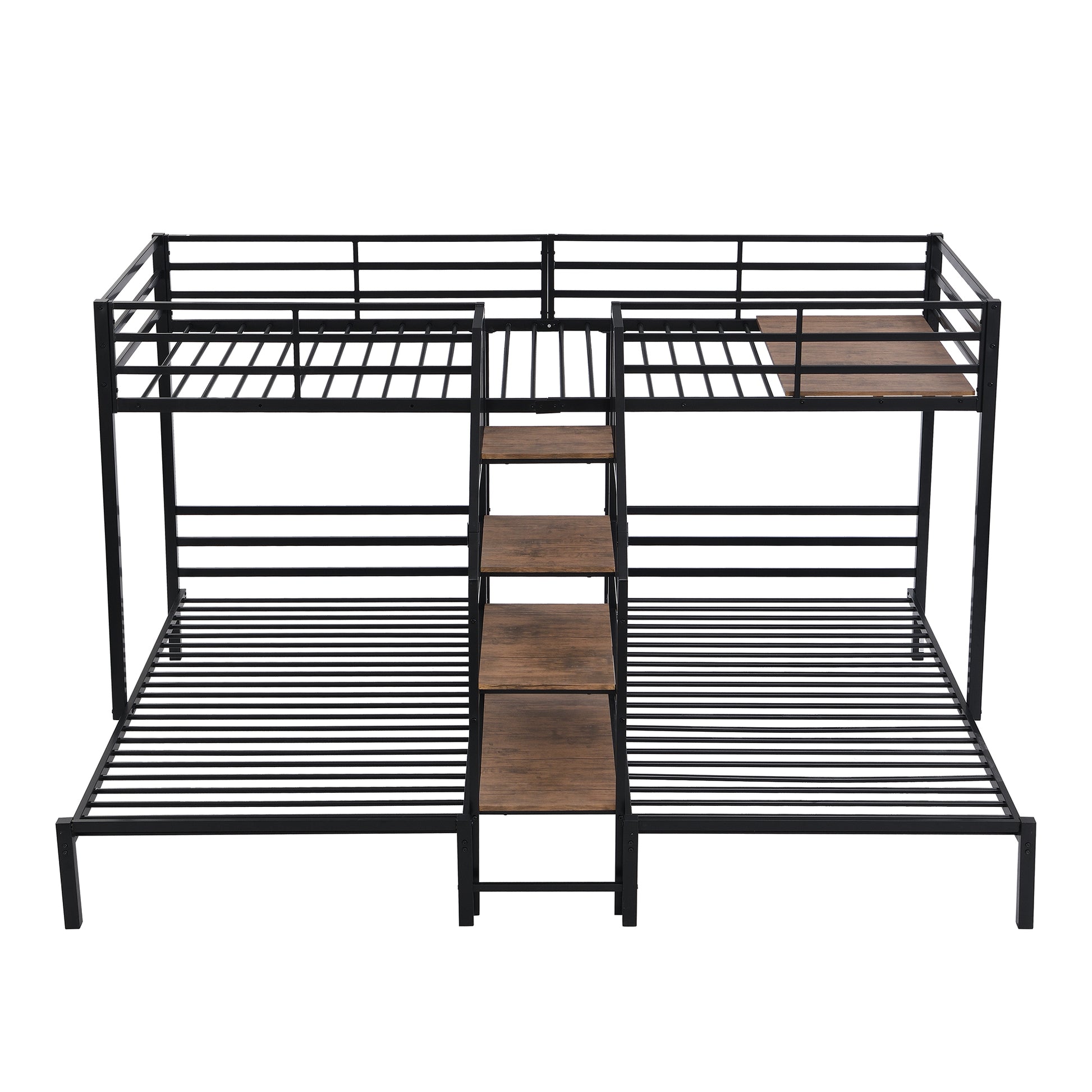 Metal Twin Over Twin & Twin Bunk Bed, Triple Bunk Bed With Storage Shelves Staircase, Black Twin Black Metal & Wood