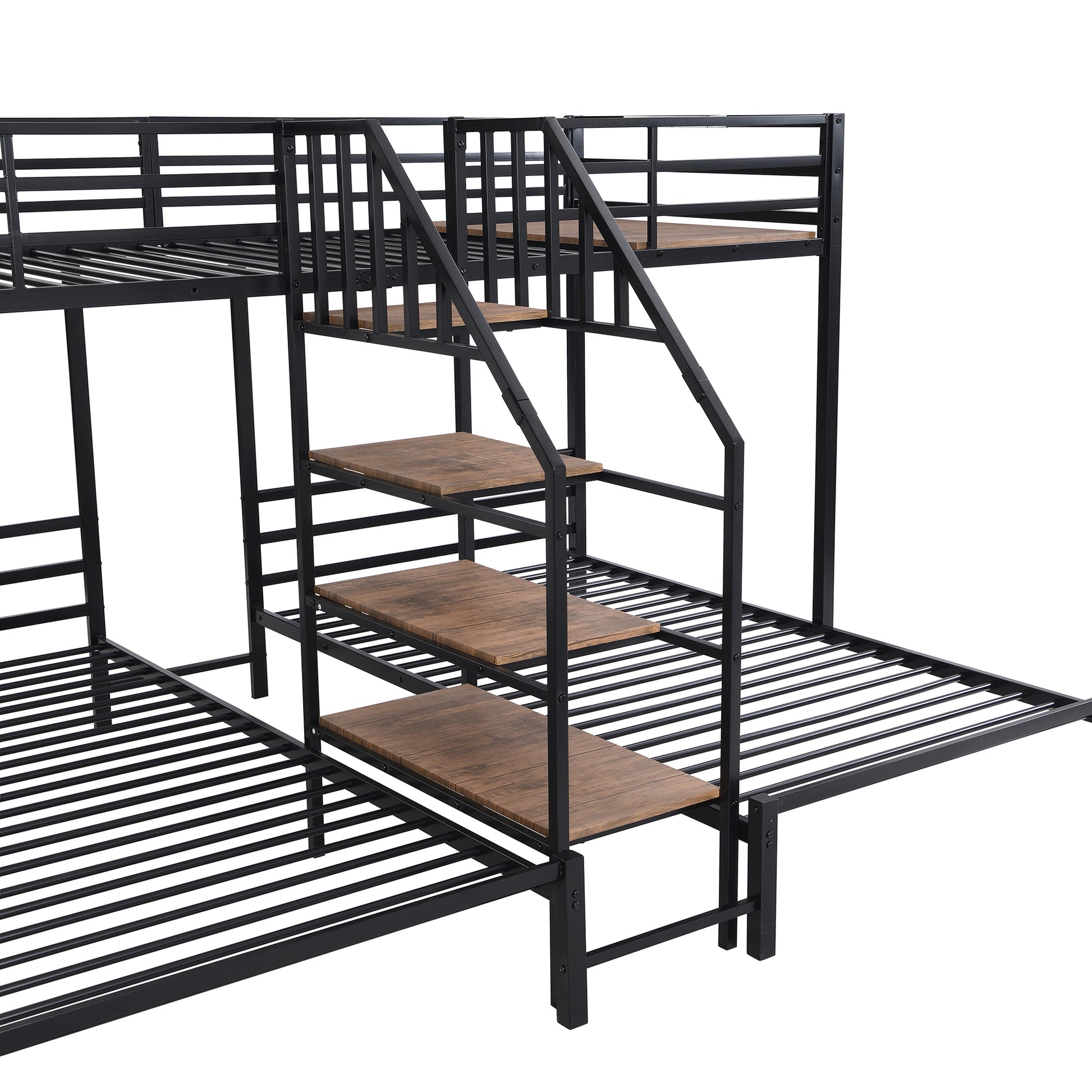 Metal Twin Over Twin & Twin Bunk Bed, Triple Bunk Bed With Storage Shelves Staircase, Black Twin Black Metal & Wood