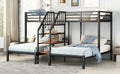 Metal Twin Over Twin & Twin Bunk Bed, Triple Bunk Bed With Storage Shelves Staircase, Black Twin Black Metal & Wood