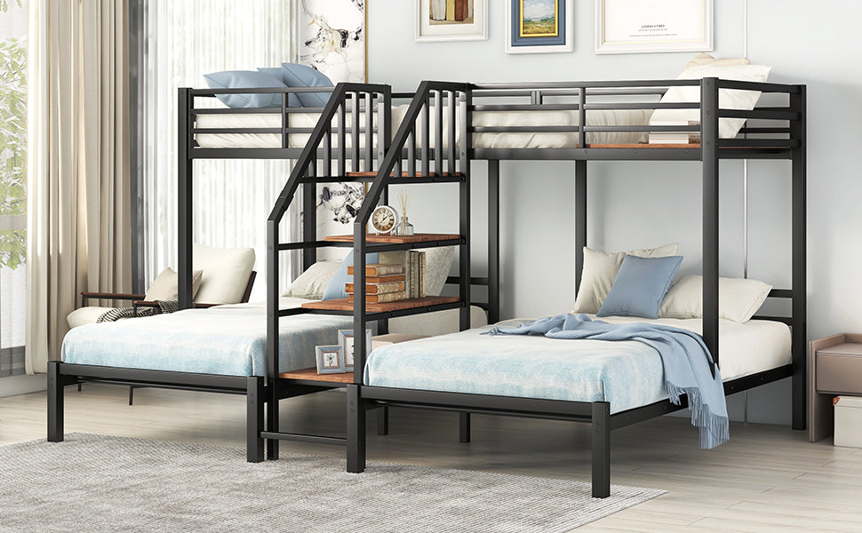 Metal Twin Over Twin & Twin Bunk Bed, Triple Bunk Bed With Storage Shelves Staircase, Black Twin Black Metal & Wood